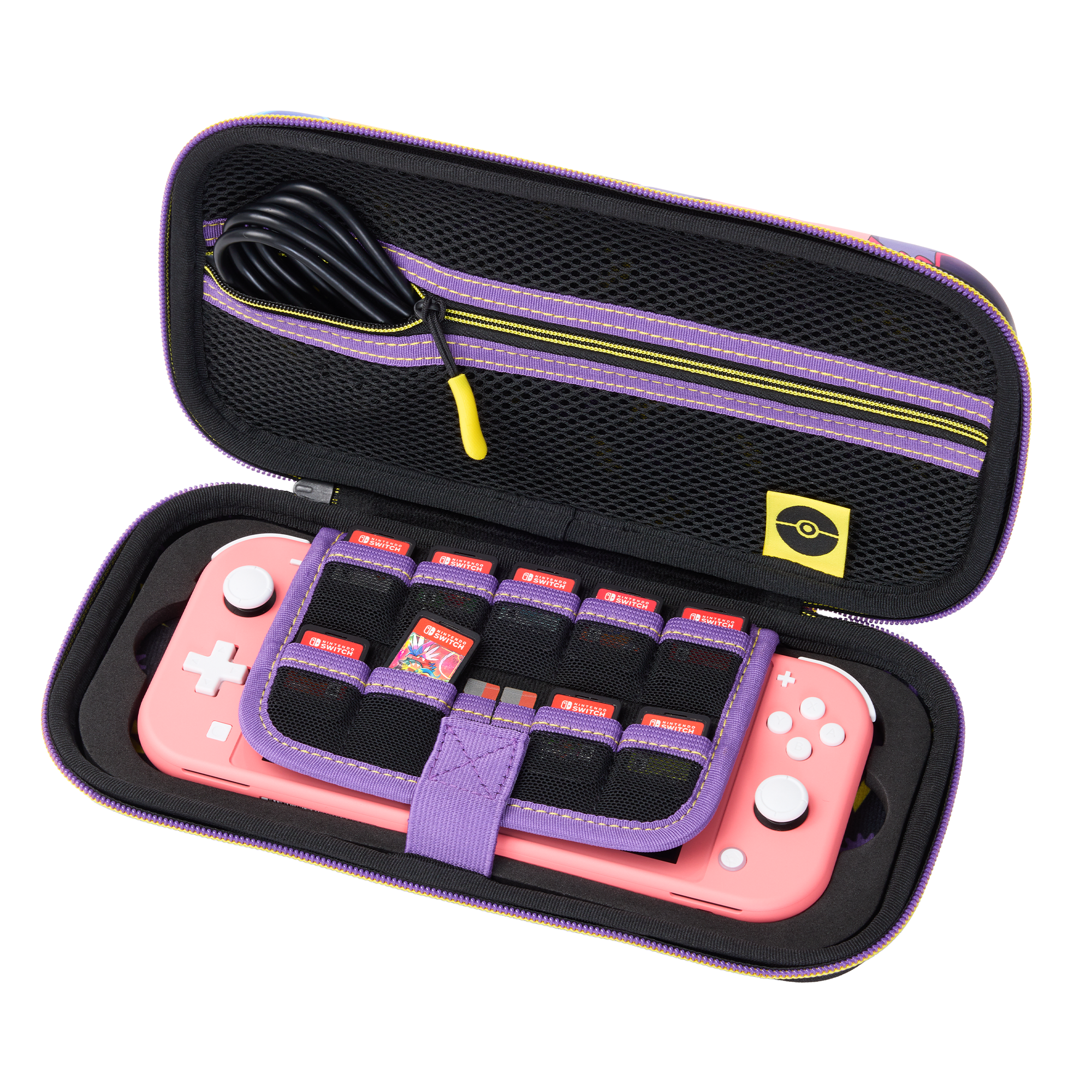 Pinkfarbene Nintendo Switch Lite mit Spielen in einer schwarz-violetten Tragetasche. Sie ist geöffnet.