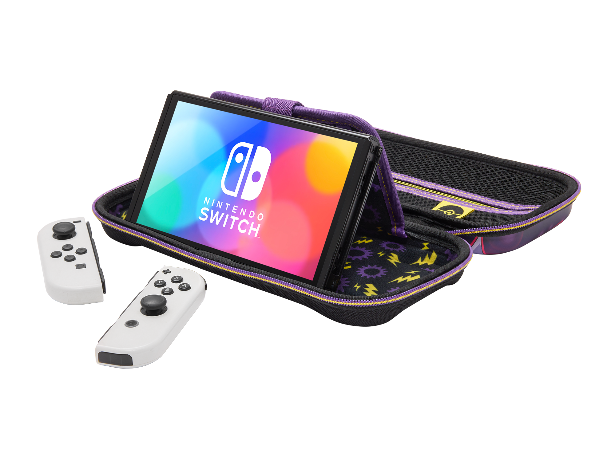 Nintendo Switch-Konsole in einem Etui mit weißen Controllern, schwarzes Etui.