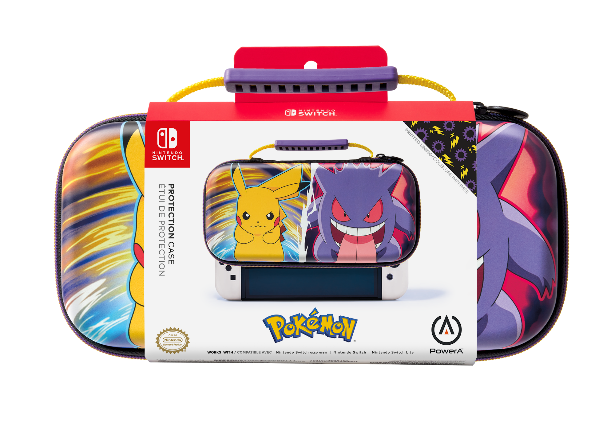 Ein Nintendo Switch Case mit Pikachu- und Gengar-Grafiken, mit einer Spielkonsole.