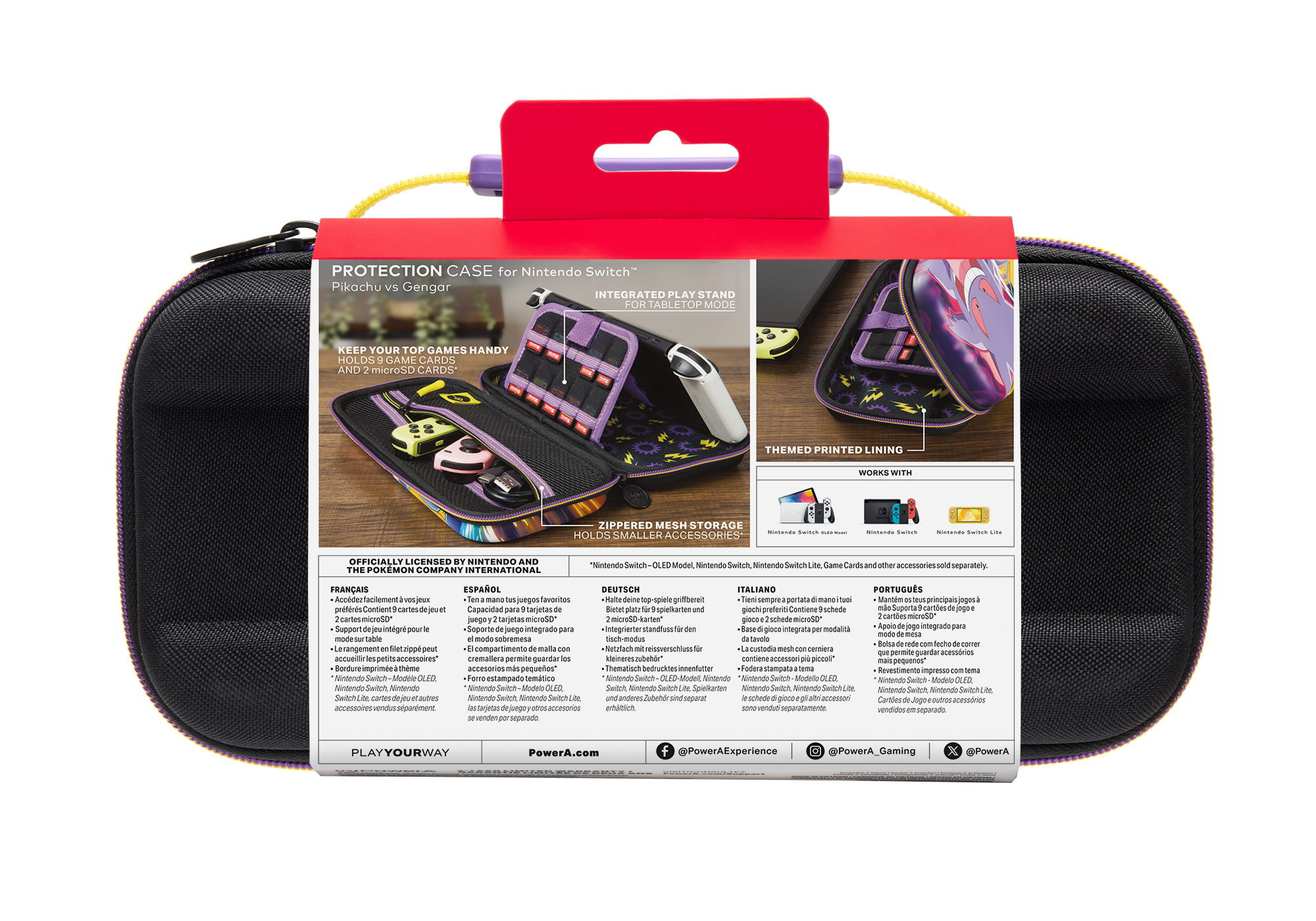 Schwarze und lila Nintendo Switch-Hülle mit Aufdruck und Zubehör.