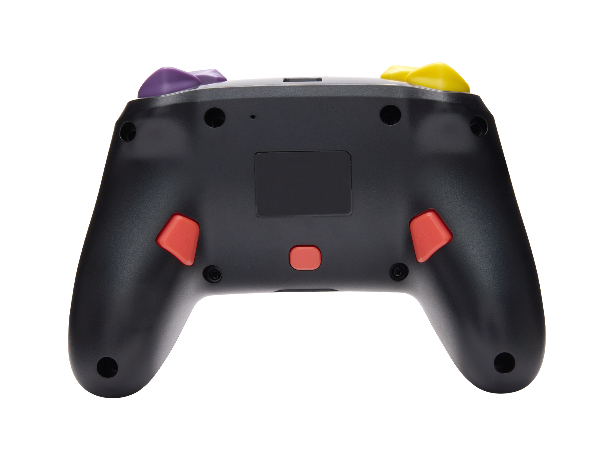 Rückseite eines schwarzen Gamecontrollers mit farbigen Knöpfen.