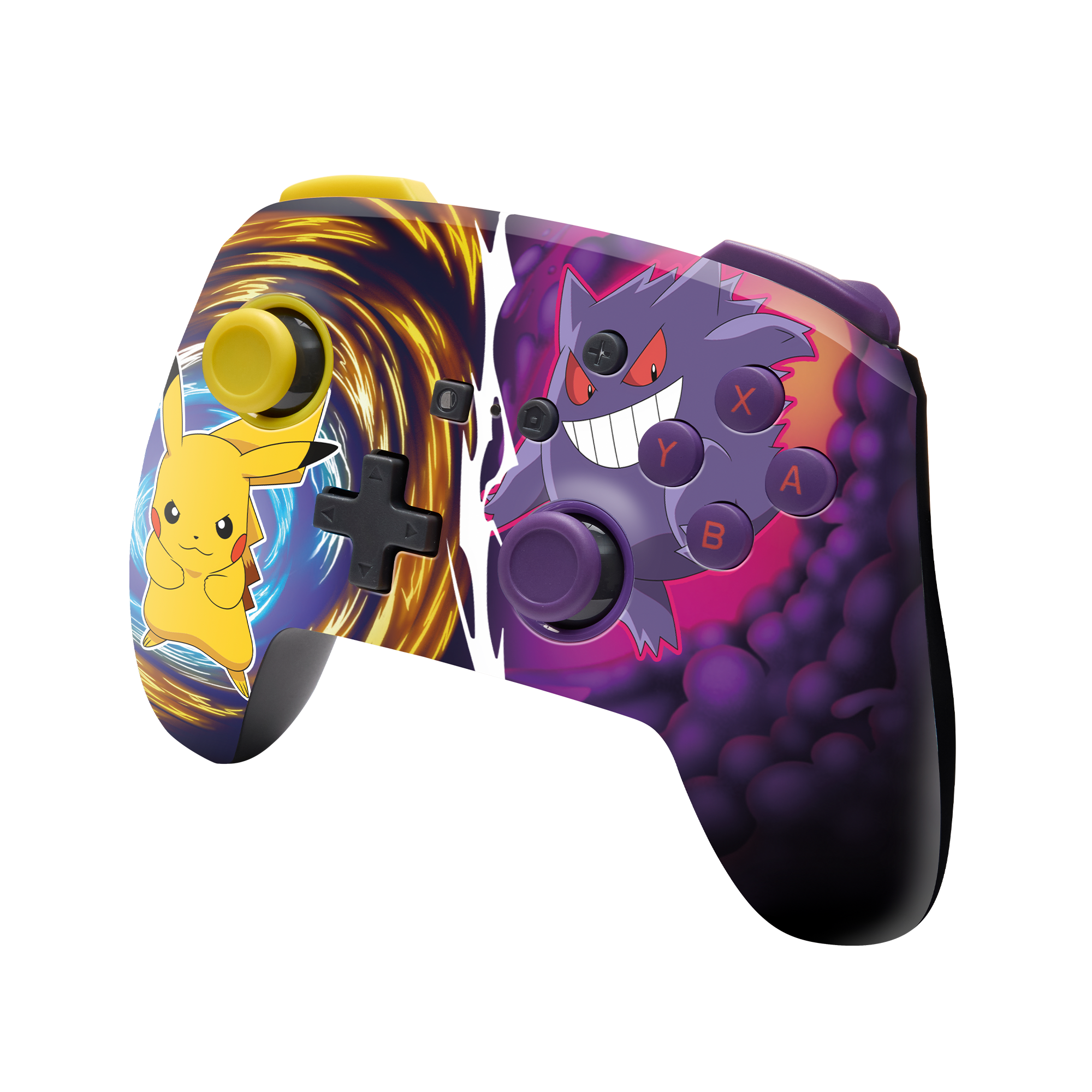 Ein Controller für die Nintendo Switch mit Pokemon-Thema und Pikachu- und Gengar-Designs.