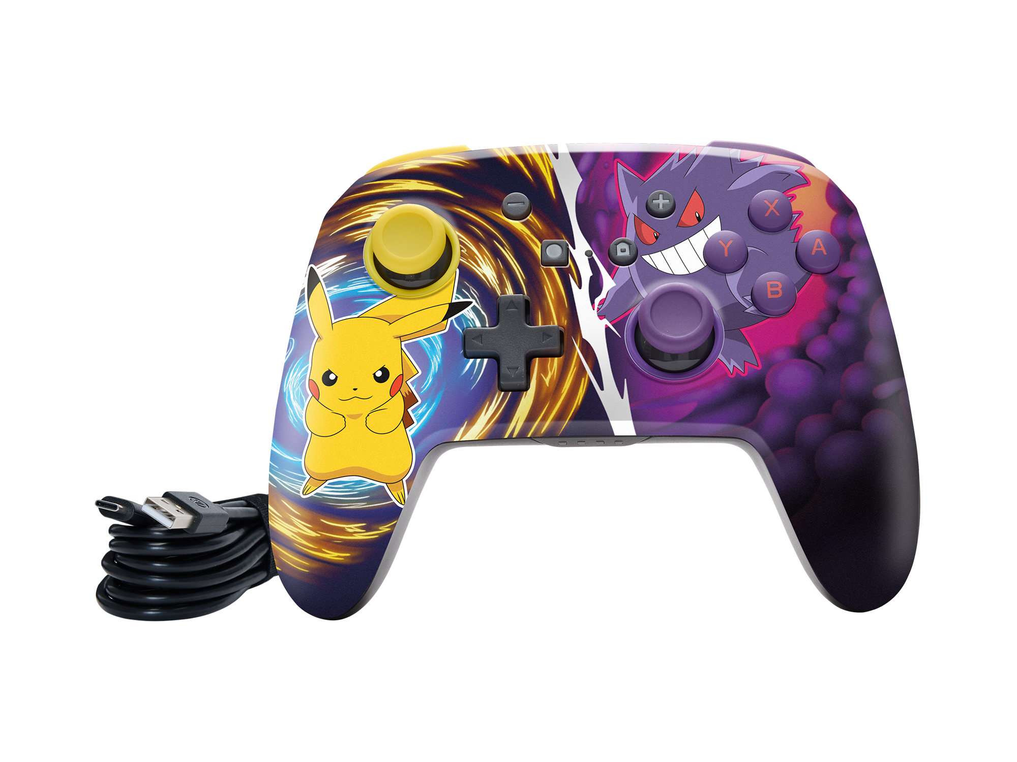 Ein Nintendo Switch Controller mit Pikachu und Gengar Artwork, mit einem USB-Kabel.