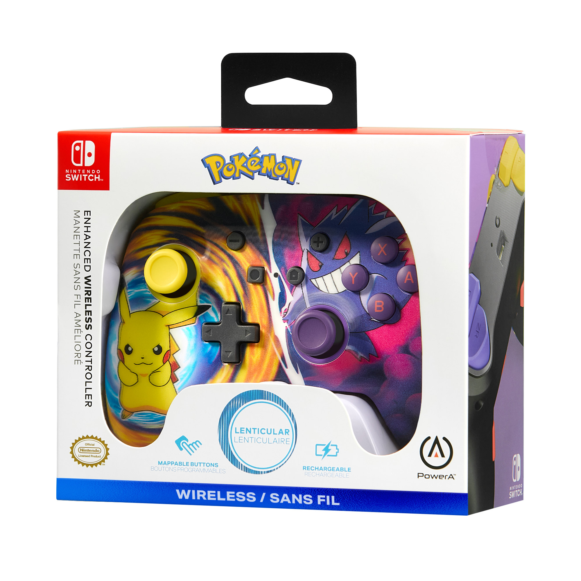 Drahtloser Controller mit Pikachu und Gengar. Oben: Nintendo Switch-Logo. Unten: PowerA-Logo.