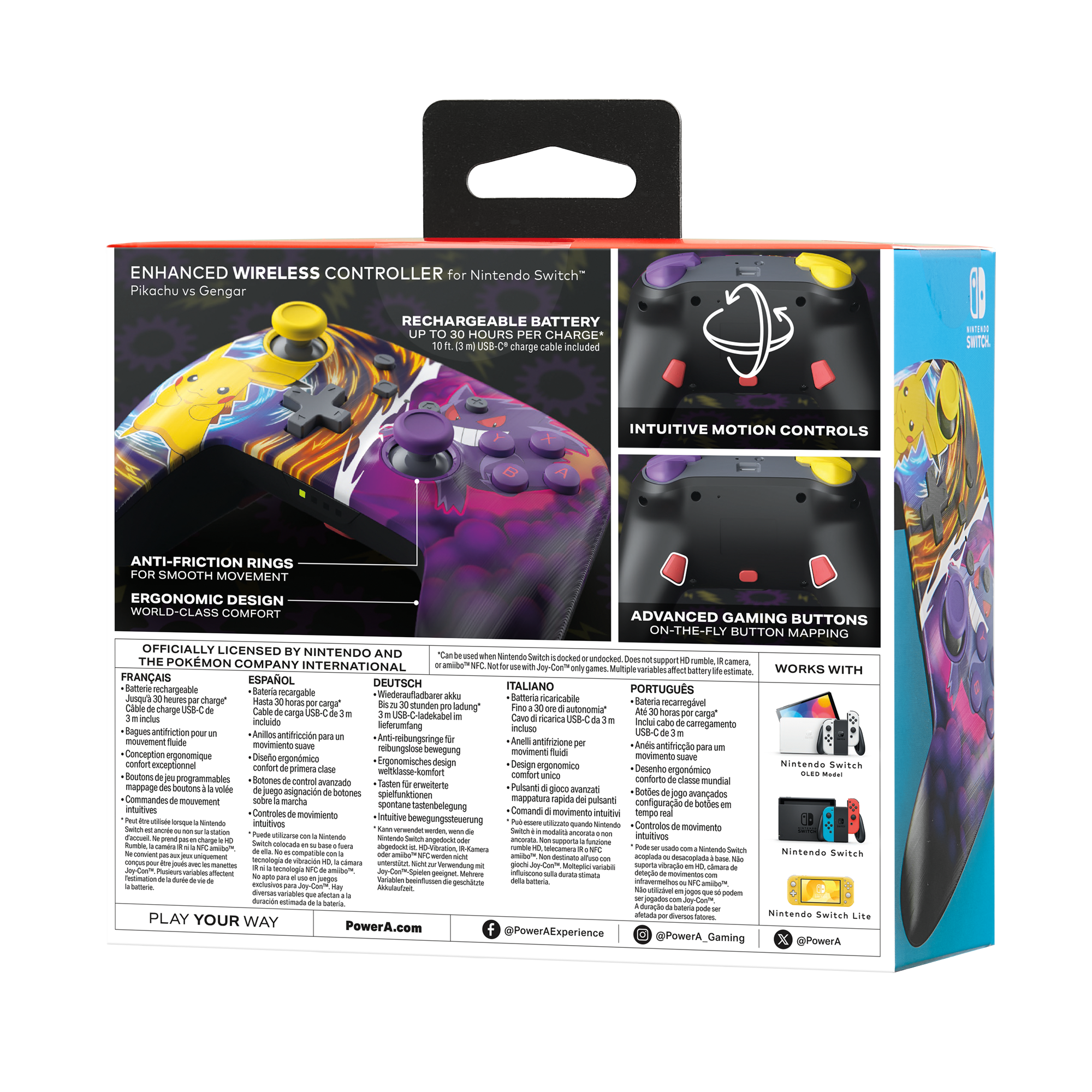Rückseite einer Nintendo Switch Controller-Box mit Informationen und Bildern.