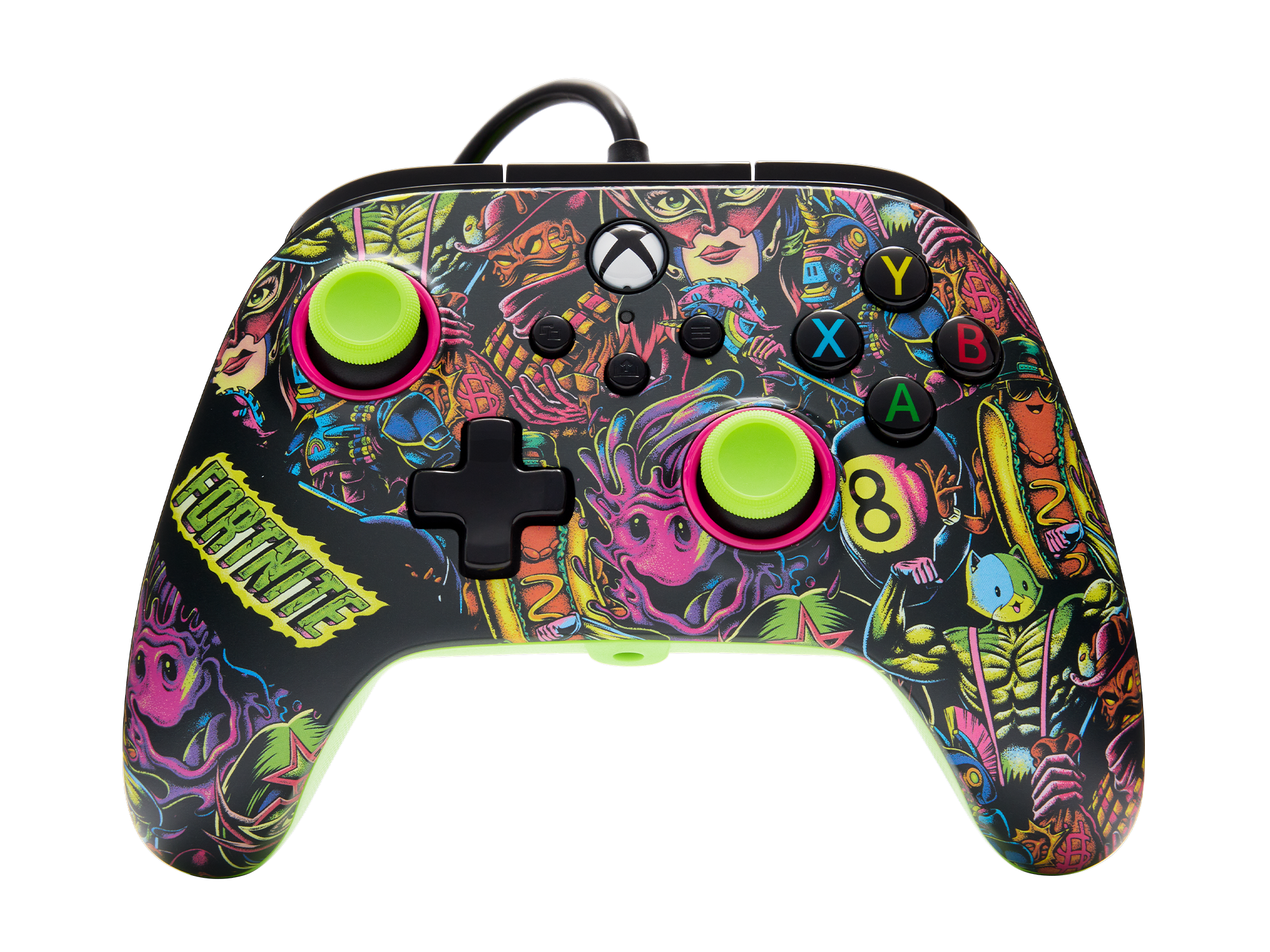 Ein schwarzer und farbenfroher Fortnite Xbox-Controller mit grünen Akzenten und einem Kabel.