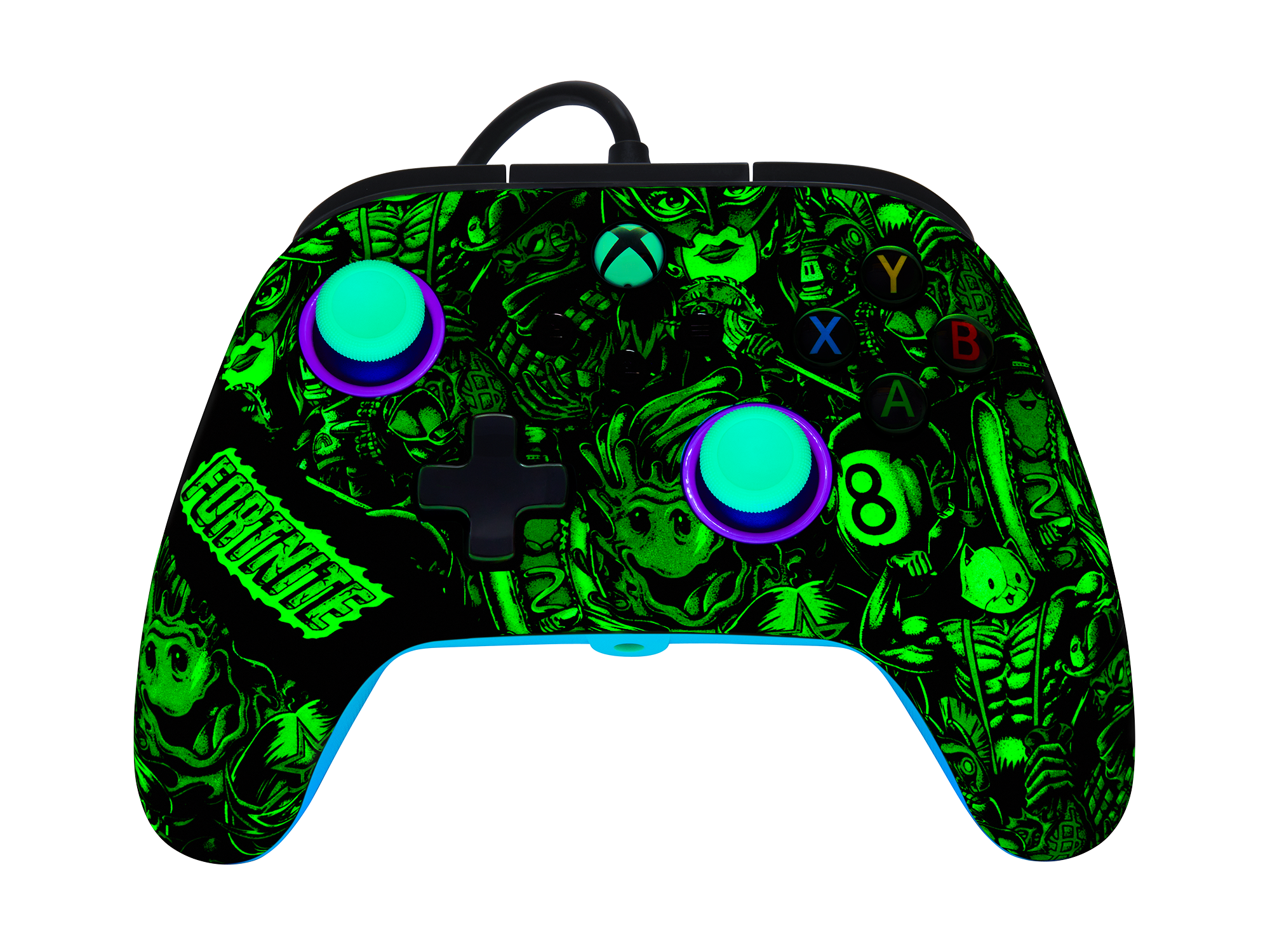 Fortnite-Gamecontroller mit neongrünen Akzenten und verschiedenen Charakteren.