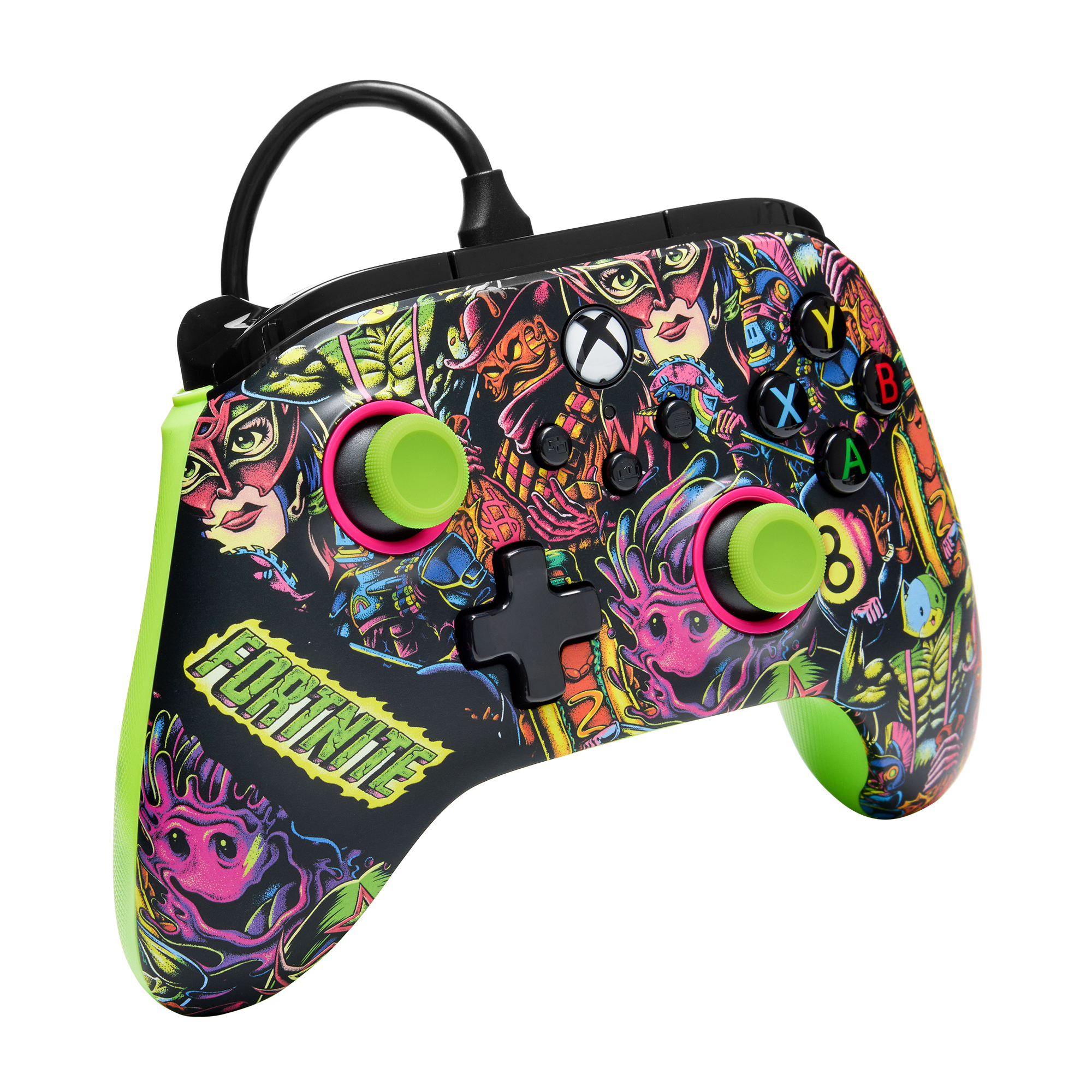 Ein farbenfroher Fortnite-Gamecontroller mit grünen Joystick-Umrandungen und Knöpfen.