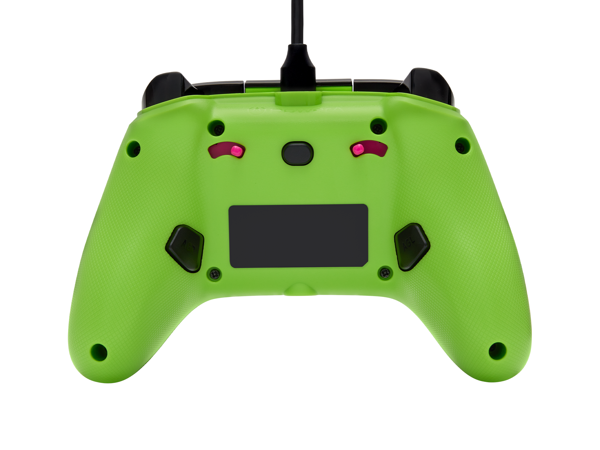 Grüner Gamecontroller, Rückansicht, mit Knöpfen und einem schwarzen Panel.