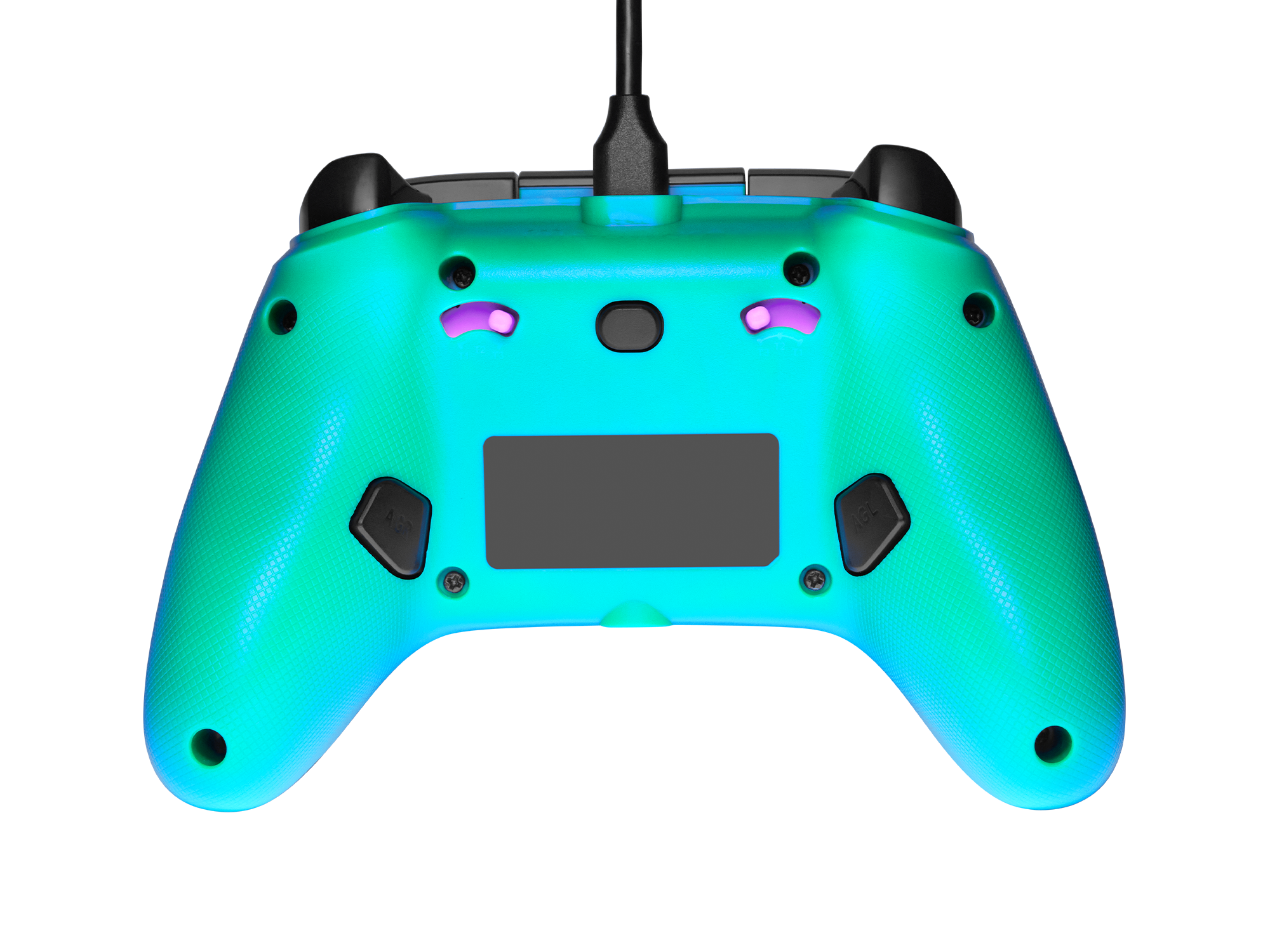 Türkis-blauer Controller. Er hat Knöpfe, Joysticks und ein schwarzes Kabel.