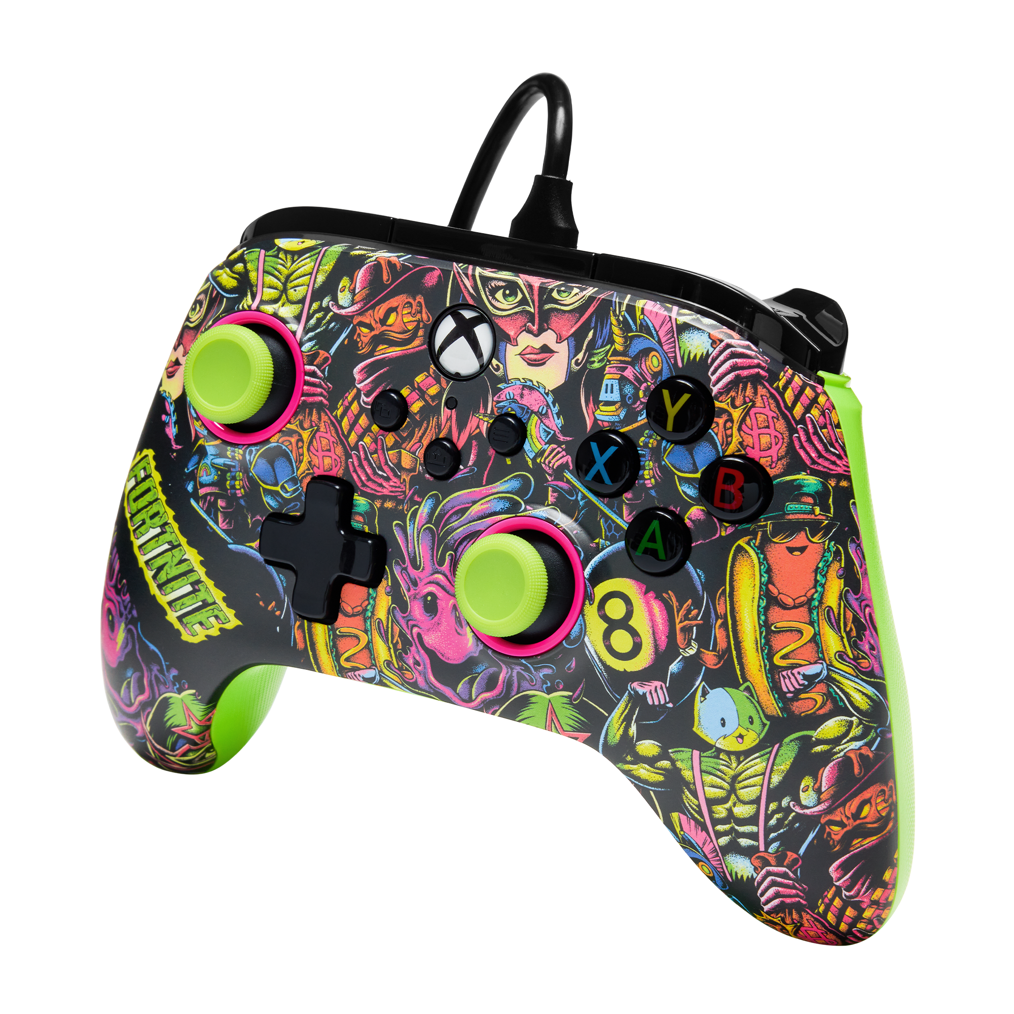 Ein farbenfroher Controller im Fortnite-Design mit verschiedenen Charakteren und schwarzem Hintergrund.