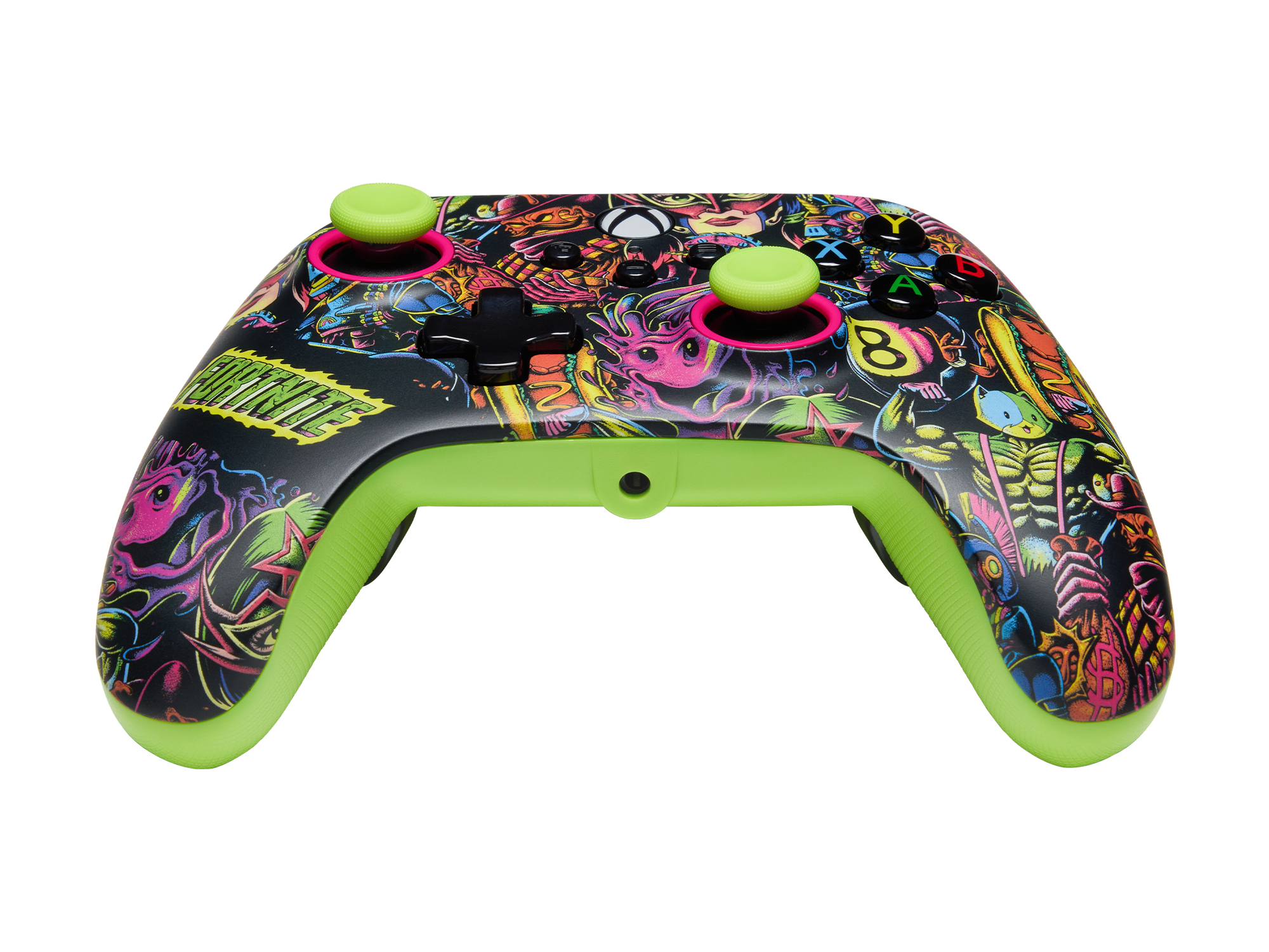 Ein schwarzer und farbenfroher Fortnite Xbox-Controller mit grünen Akzenten, Knöpfen und einem Kabel.