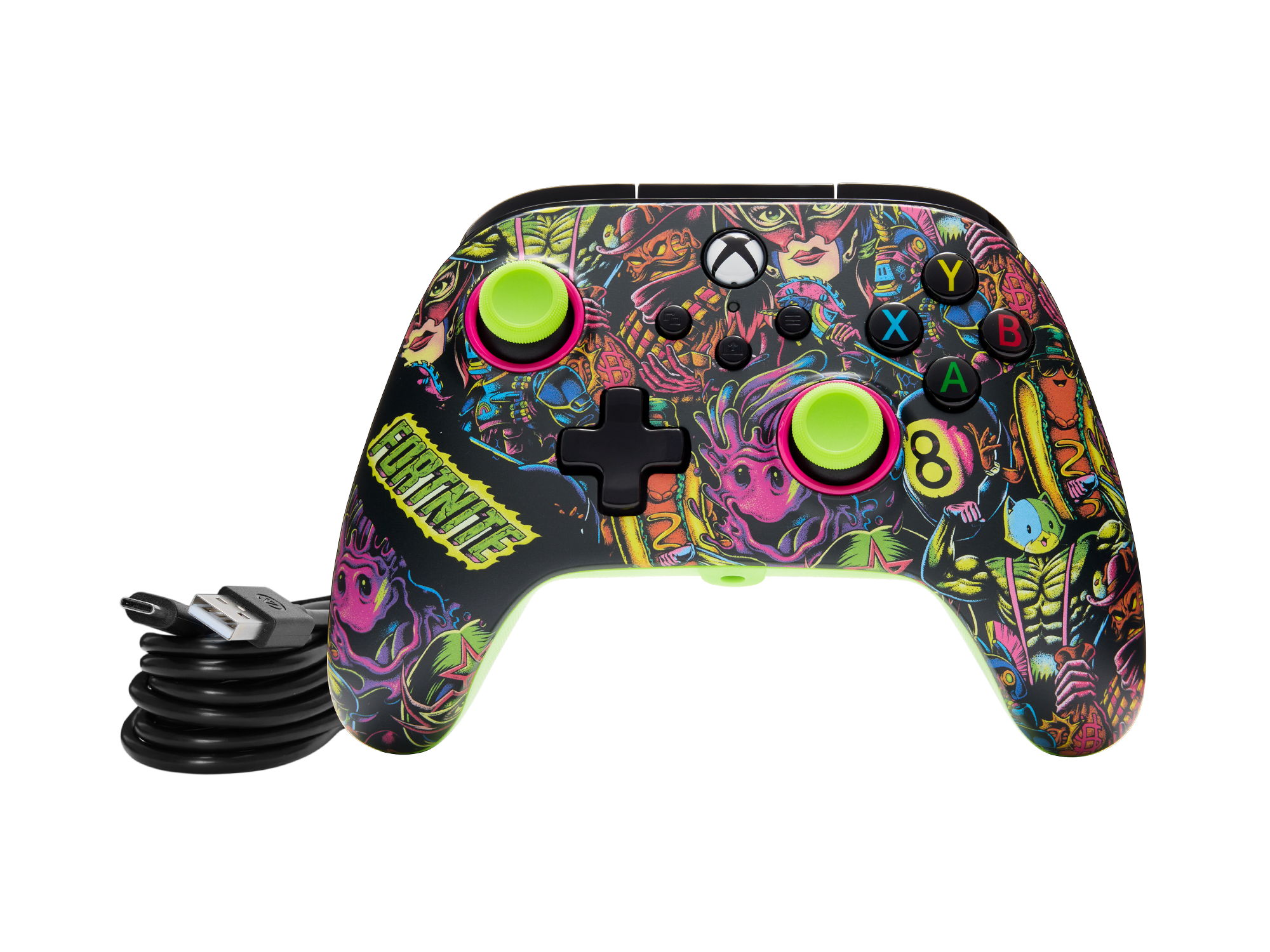 Ein schwarzer und bunter Fortnite-Gamecontroller mit angeschlossenem Kabel.