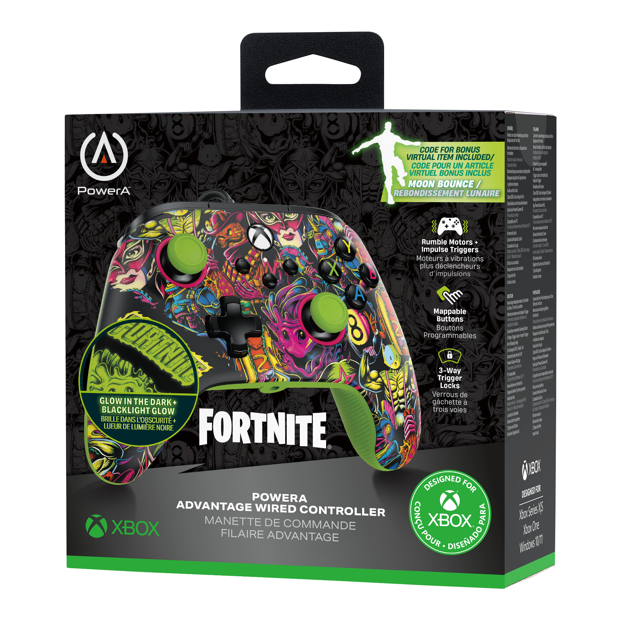 Fortnite-Xbox-Controller in einer schwarzen Box mit grünen Akzenten.