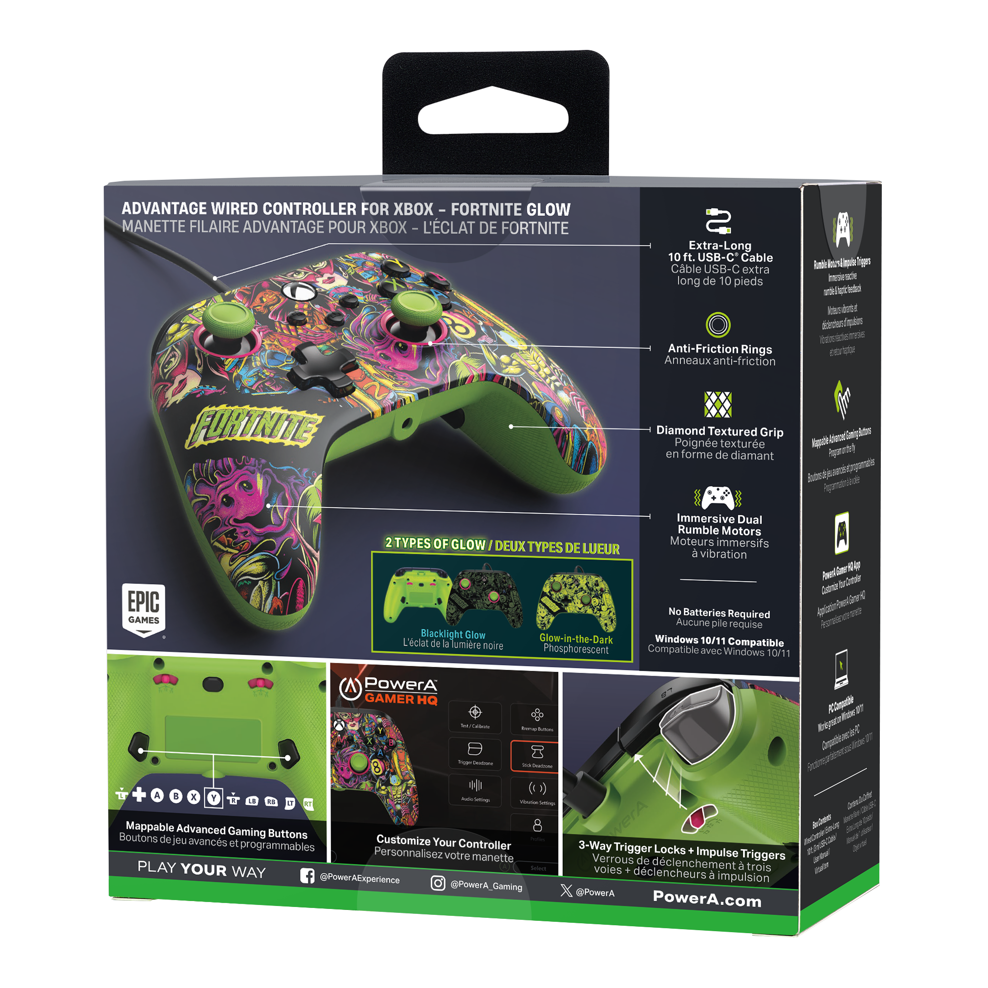 Spielcontroller-Box mit Fortnite-Grafik und angezeigten Funktionen.