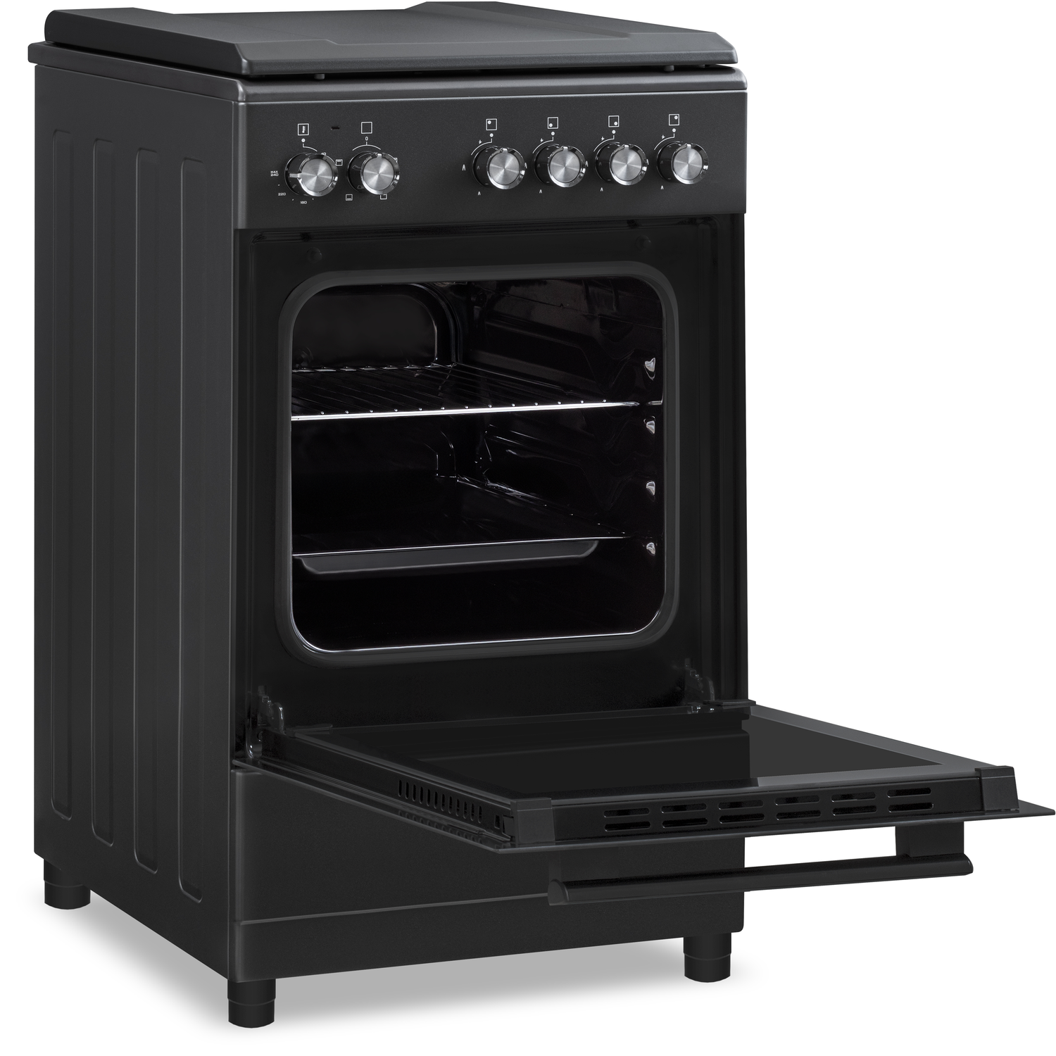 A black oven with an open door. The interior has racks for cooking. The control knobs are on top.