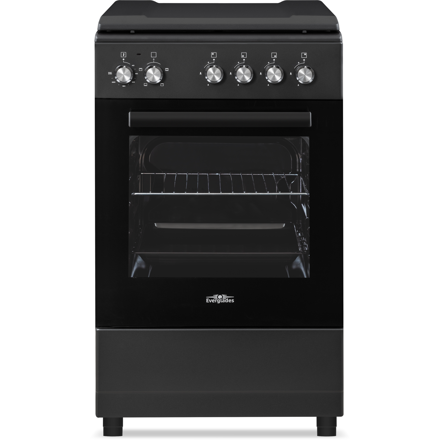 Black freestanding oven. Control knobs, glass door, and lower drawer.