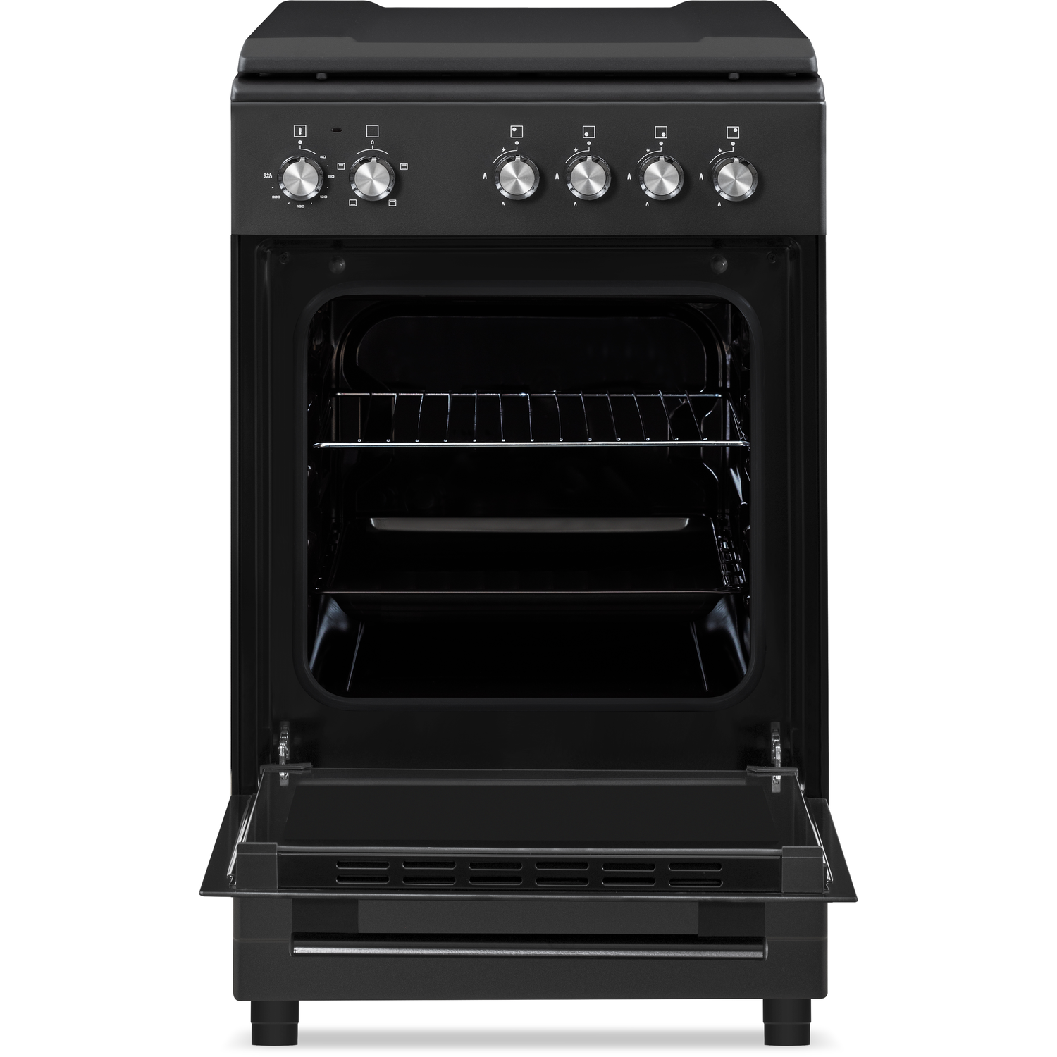 Black oven with the door open. The oven is empty, with racks visible inside.