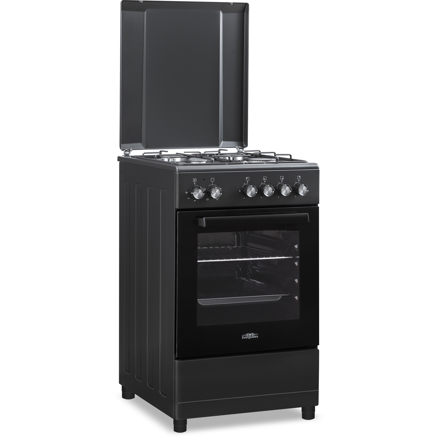A black oven with the door open, showing the interior and controls.