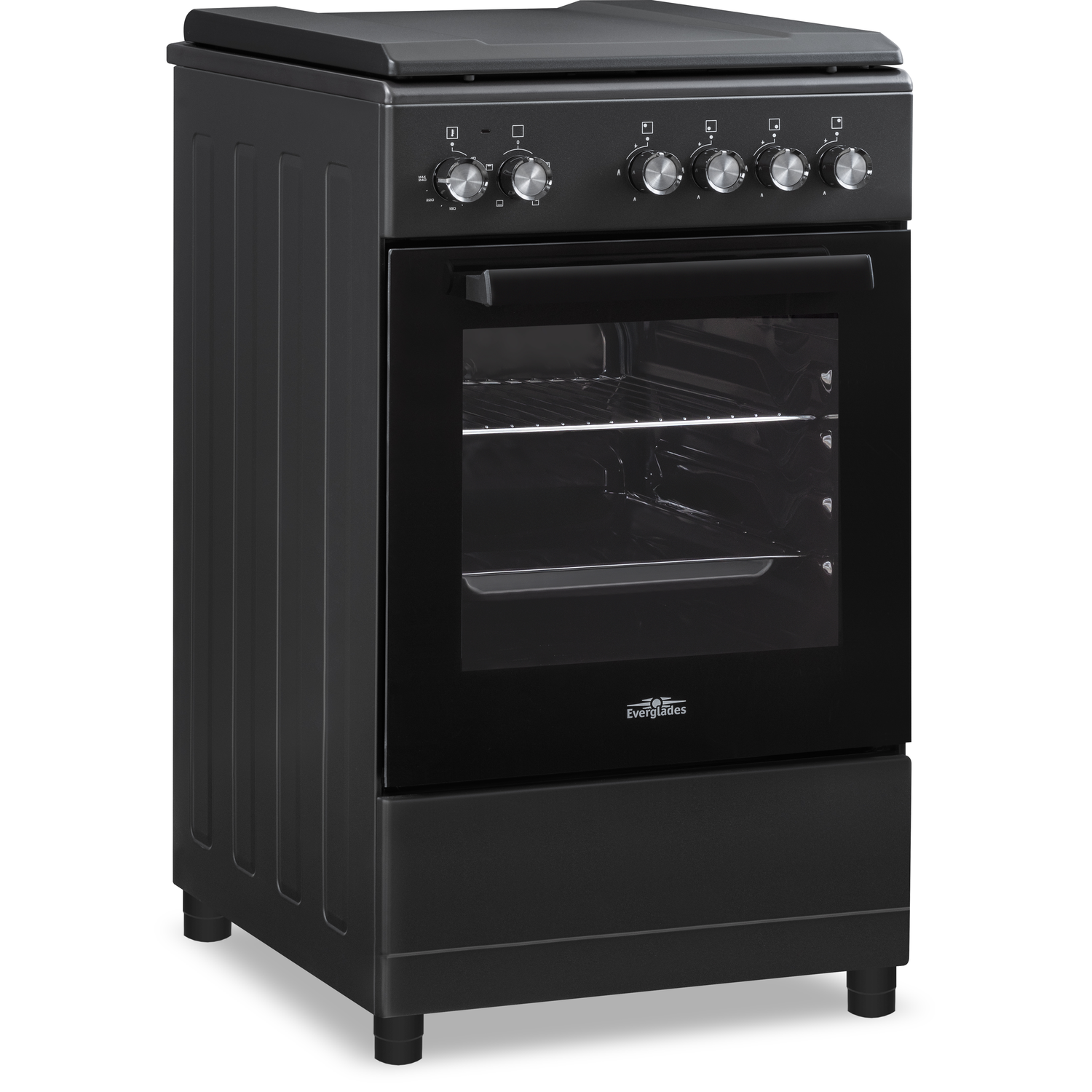 Black free-standing stove with four burners, an oven, and control dials.