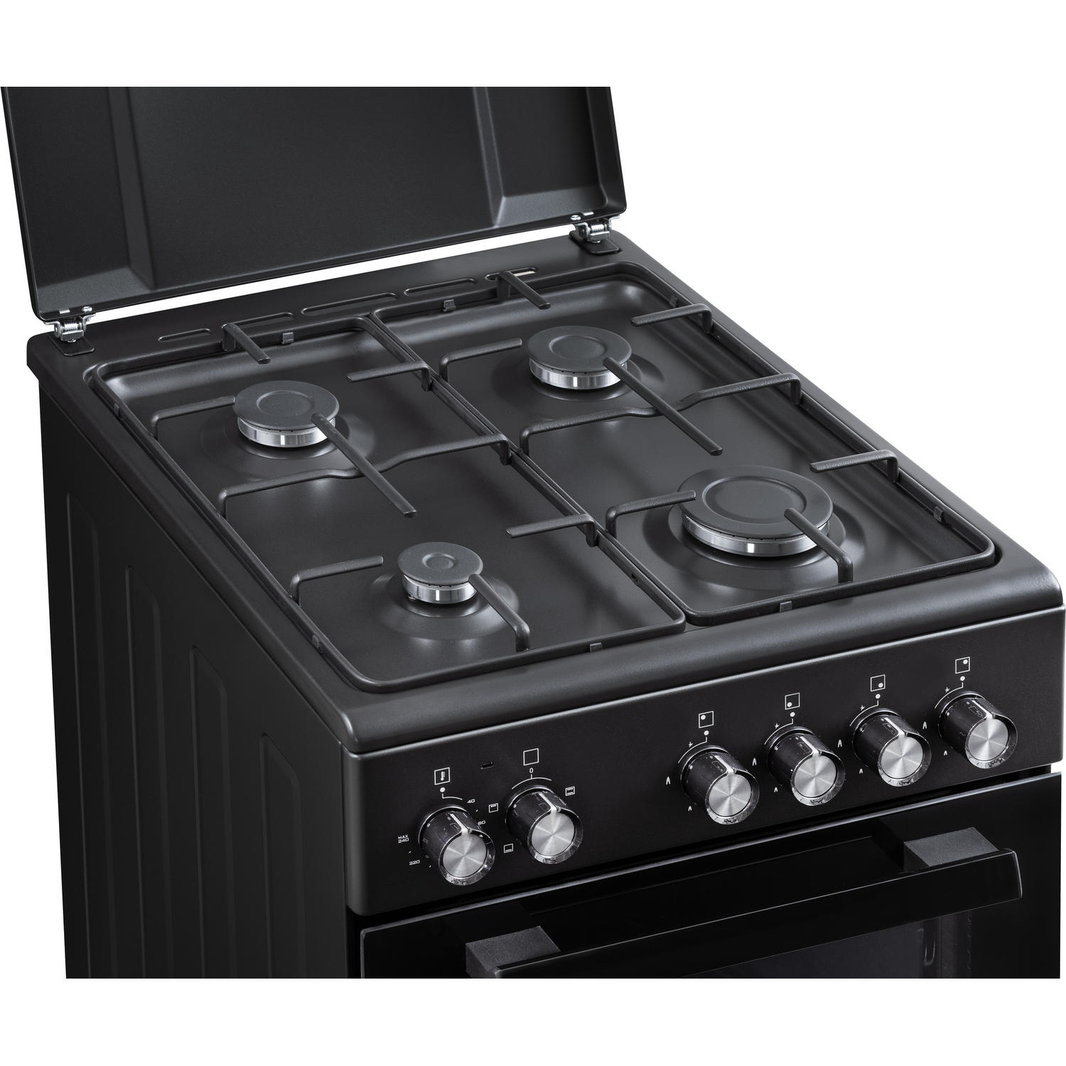 Black stove with four burners and control knobs. The oven door is closed.