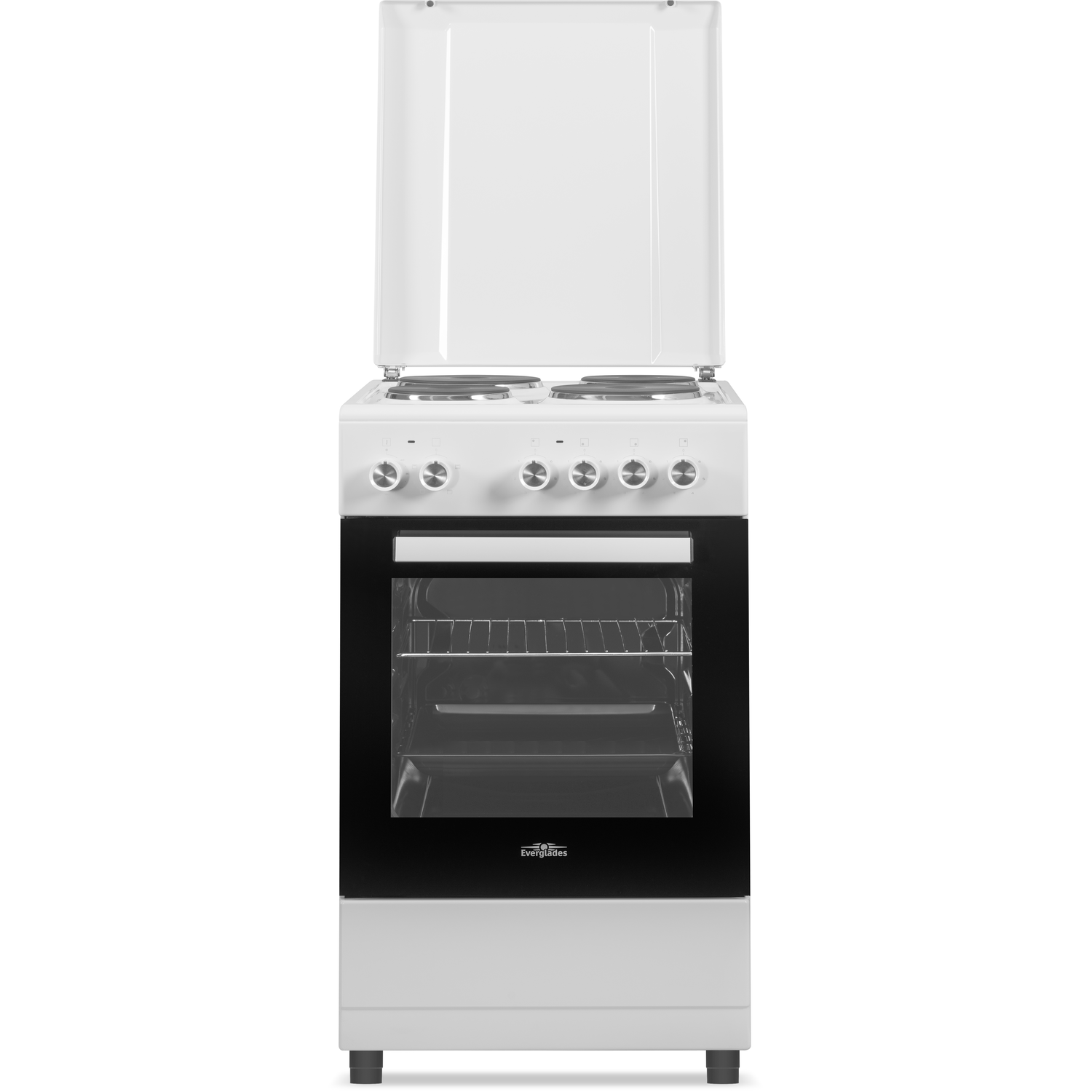 Une cuisinière électrique blanche avec un couvercle ouvert, montrant les brûleurs et le four.
