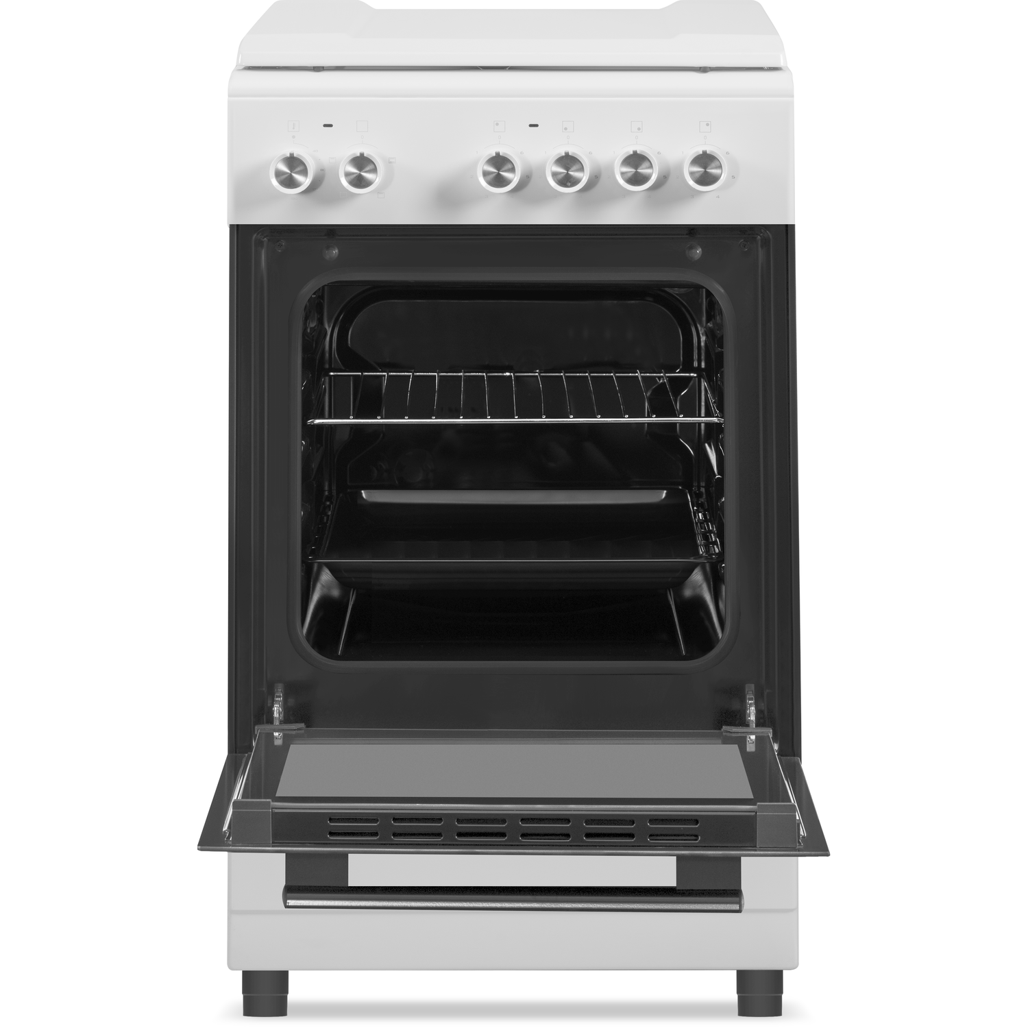 Cuisinière blanche avec porte du four ouverte, montrant l'intérieur.