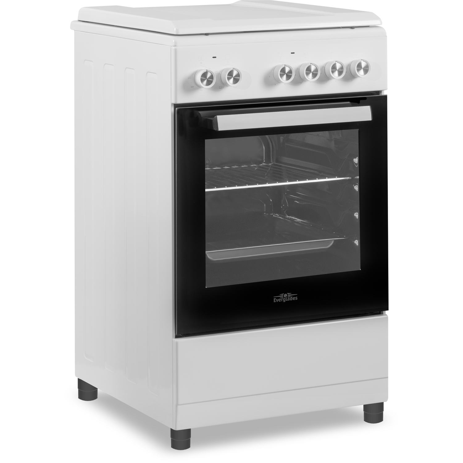 Cuisinière électrique blanche sur pied, avec une porte en verre noir et plusieurs boutons argentés.