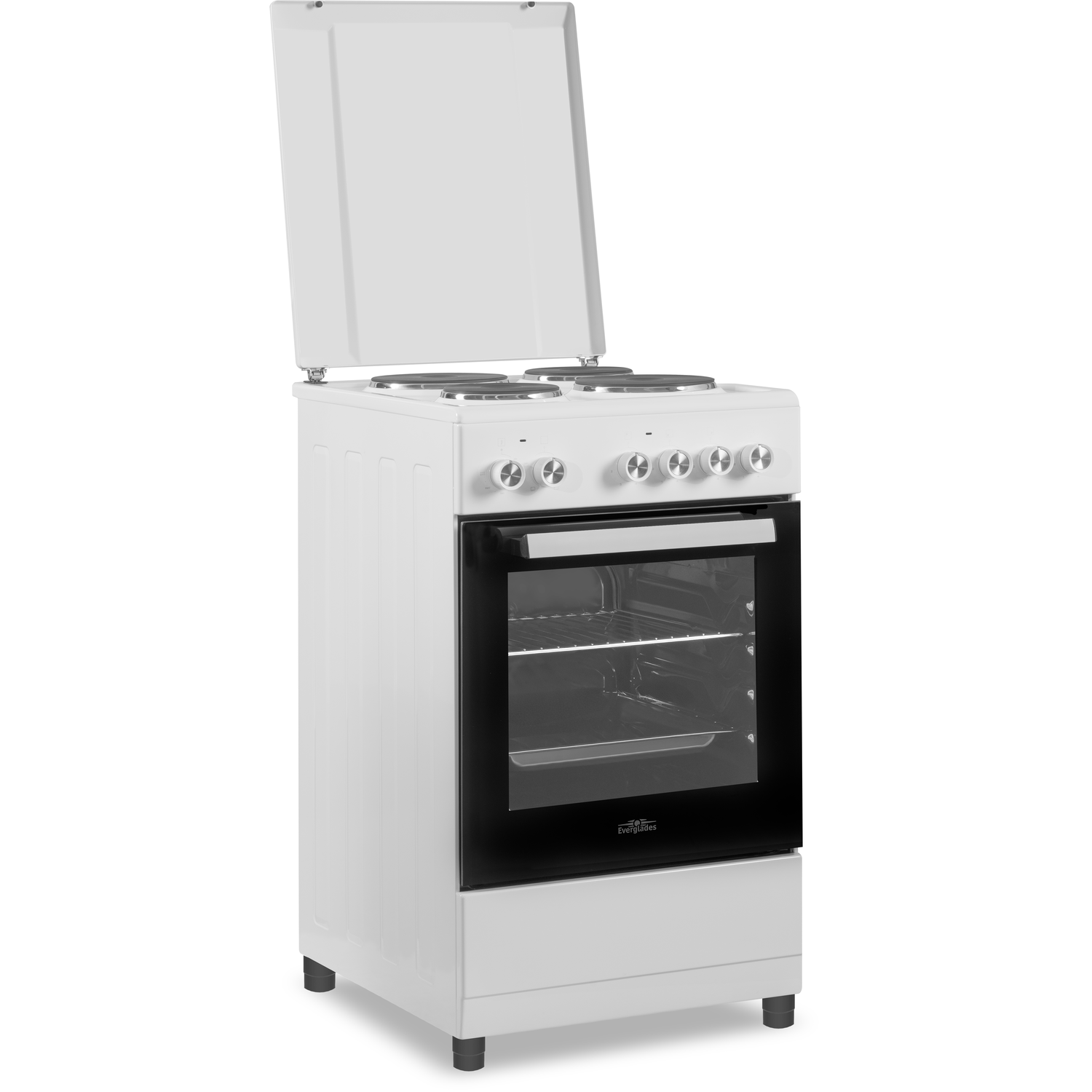Une cuisinière électrique blanche avec quatre brûleurs et une porte de four ouverte.