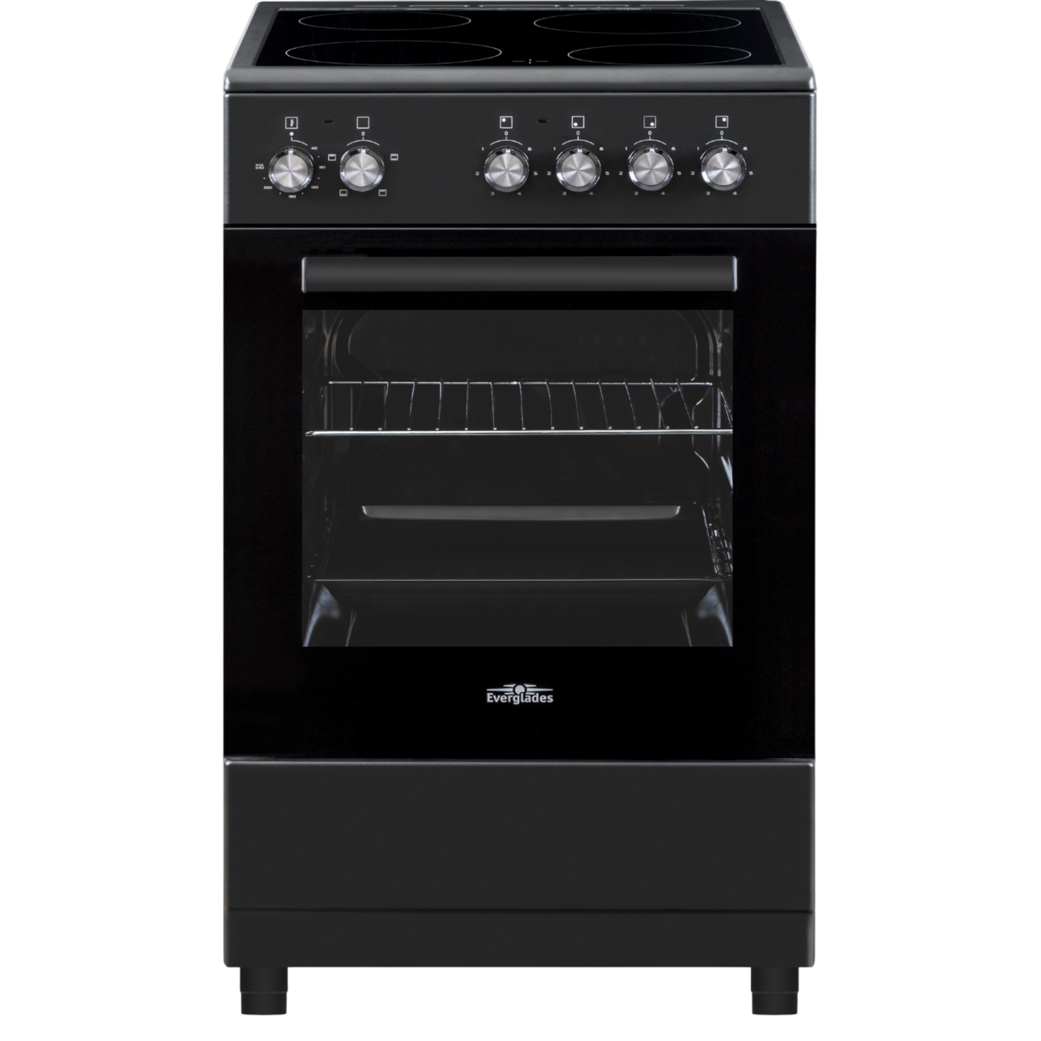 Cuisinière électrique noire avec quatre brûleurs et un four, sur fond noir.