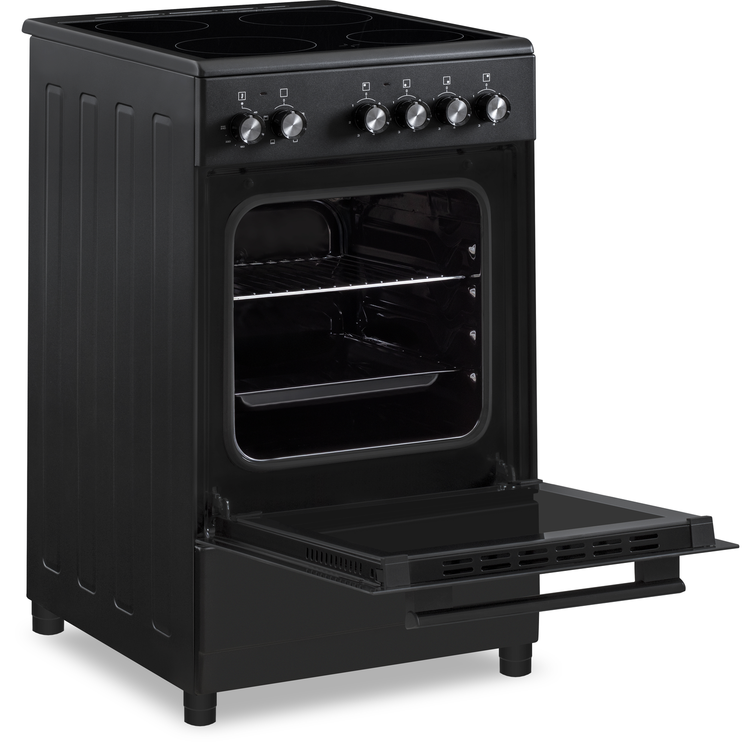 Un four noir avec la porte ouverte, montrant l'intérieur, et une table de cuisson noire avec des cadrans.