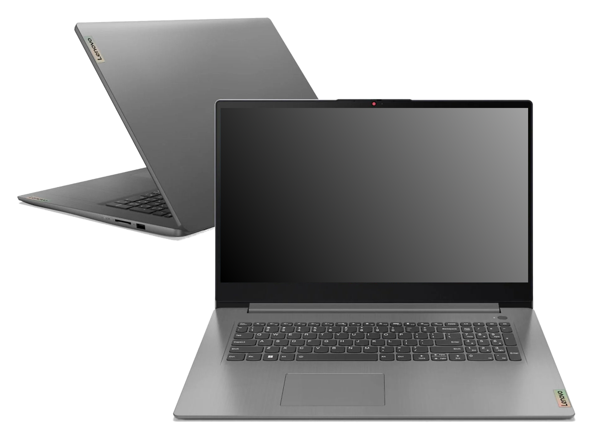 Dwa szare laptopy Lenovo, jeden otwarty, wyświetlający klawiaturę i ekran, drugi zamknięty, na czarnym tle.