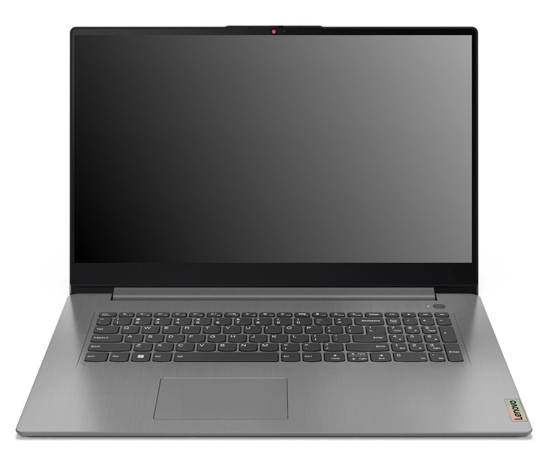 Laptop Lenovo, otwarty. Szara obudowa, czarny ekran, widoczna klawiatura. Białe tło.