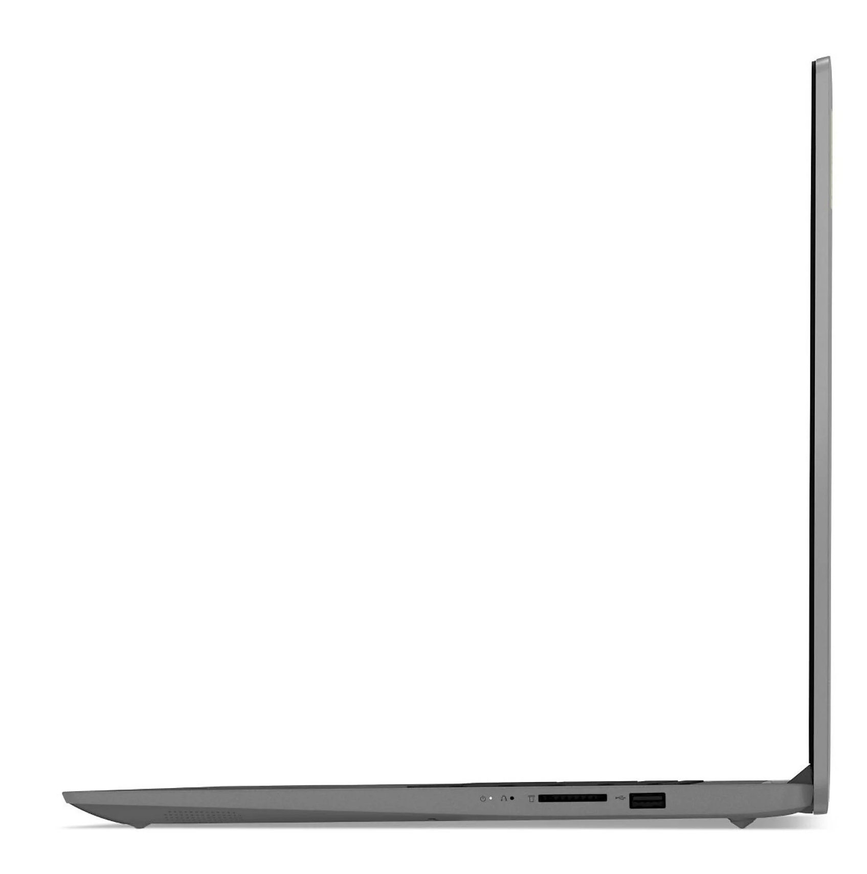 Widok z boku szarego laptopa. Jest zamknięty z cienkim ekranem. Widoczny jest tylko bok.