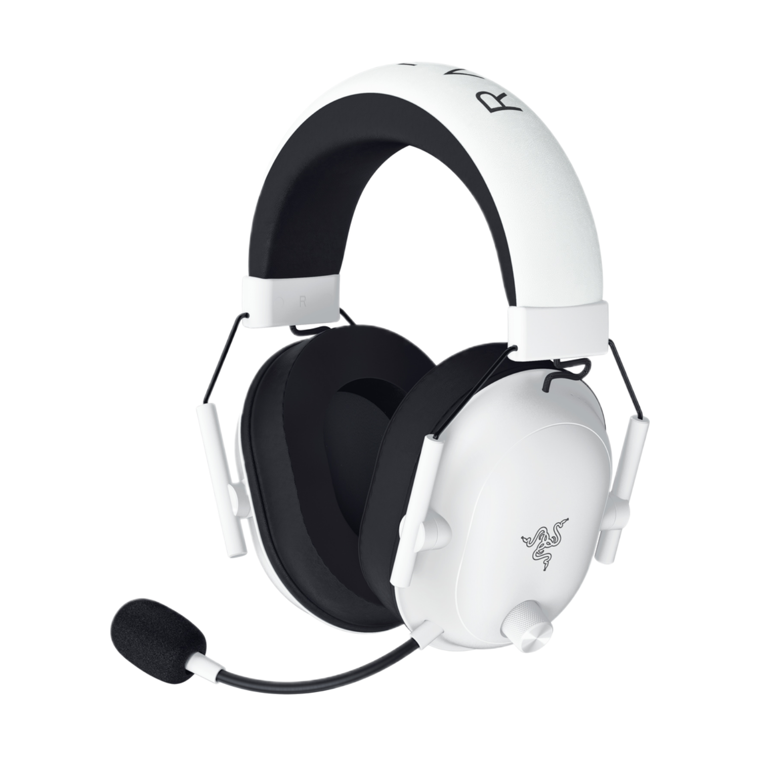 Witte Razer gaming headset met een microfoon, geïsoleerd op een zwarte achtergrond, met het Razer logo zichtbaar.
