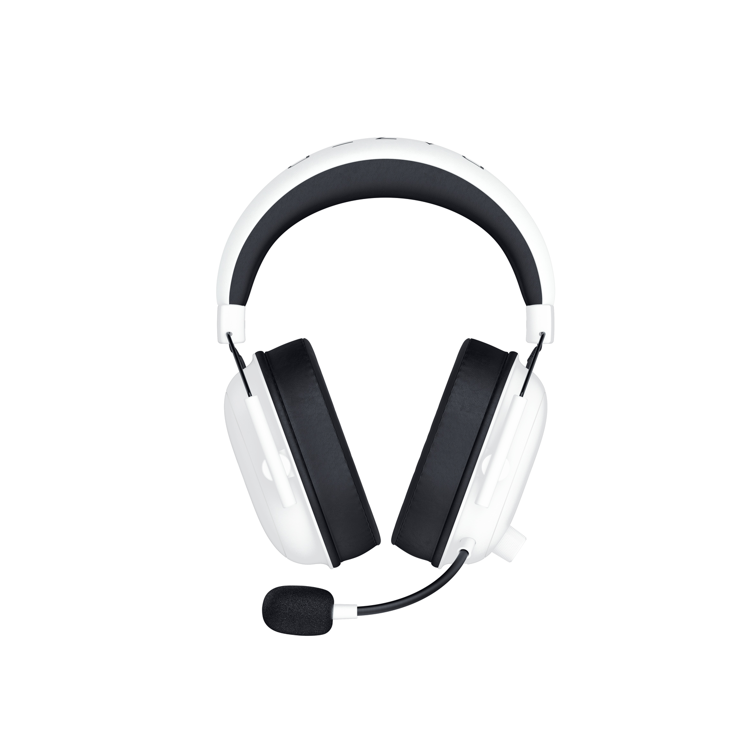 Witte koptelefoon met zwarte oorschelpen en microfoon, geïsoleerd op een witte achtergrond.
