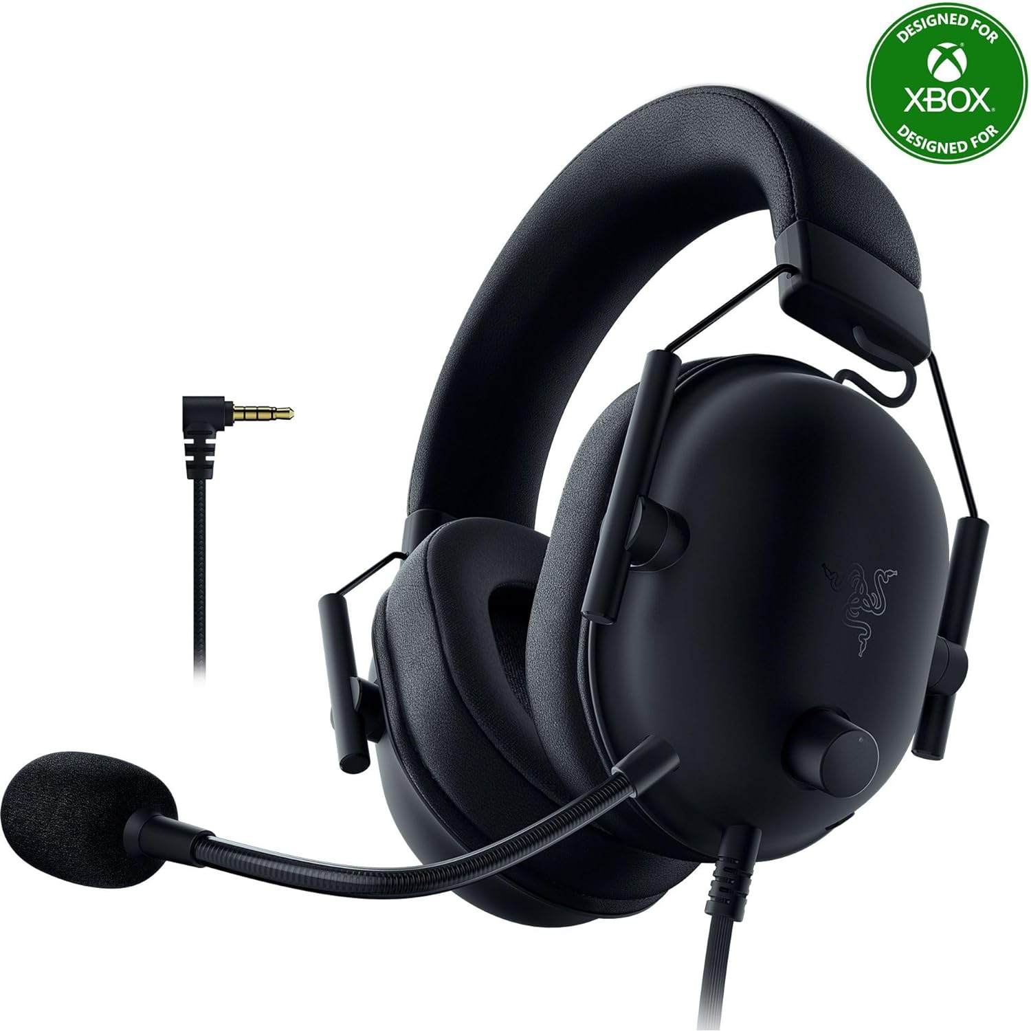 Casque de jeu Razer noir avec microphone. Logo Xbox vert en haut à droite. Fond noir.