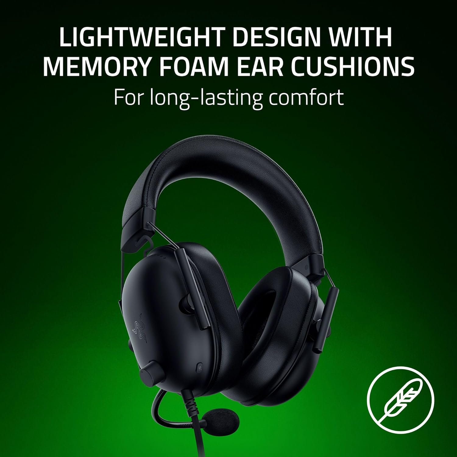 Casque noir avec microphone, le texte dit Conception légère.