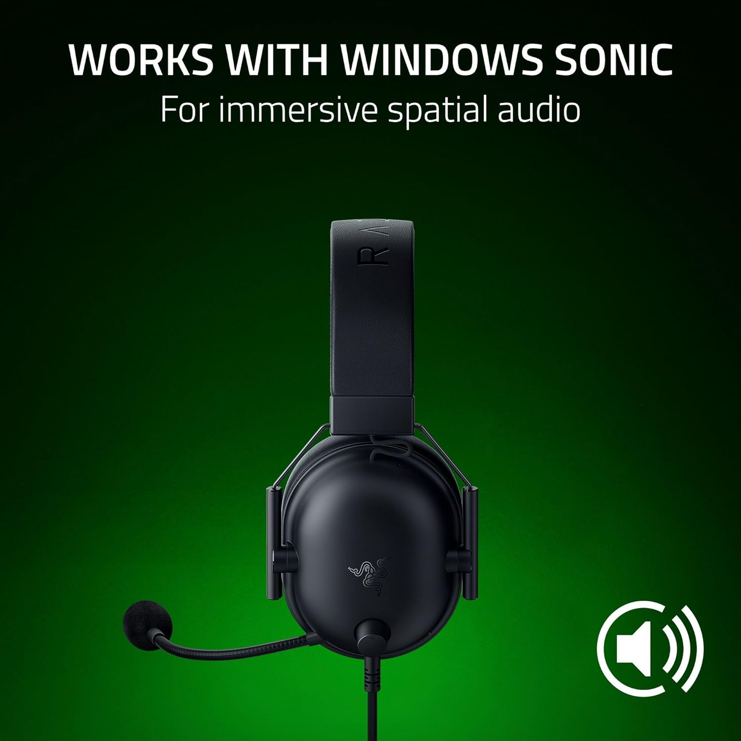 Casque de jeu noir avec microphone. Fond vert, icône sonore blanche.