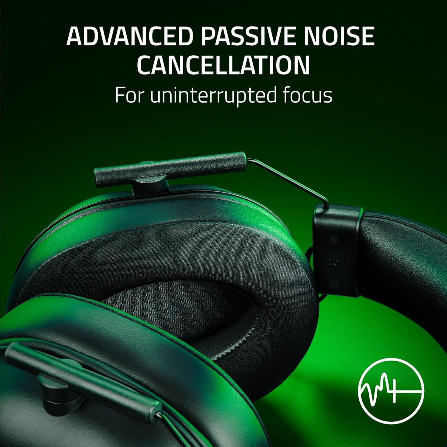 Casque vert avec les mots "ADVANCED PASSIVE NOISE CANCELLATION".