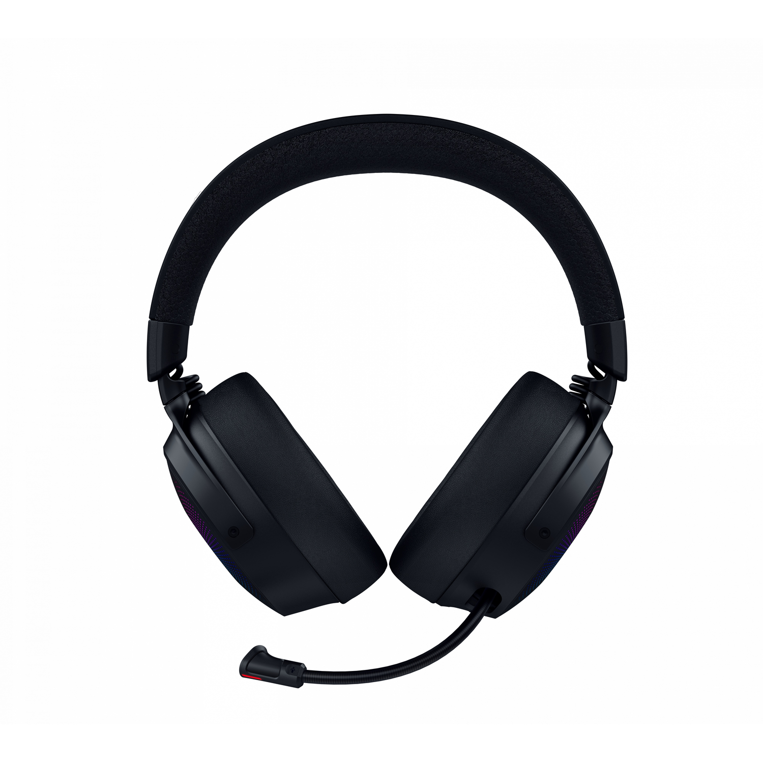 Zwarte headset met microfoon, van bovenaf gezien, geïsoleerd op wit.