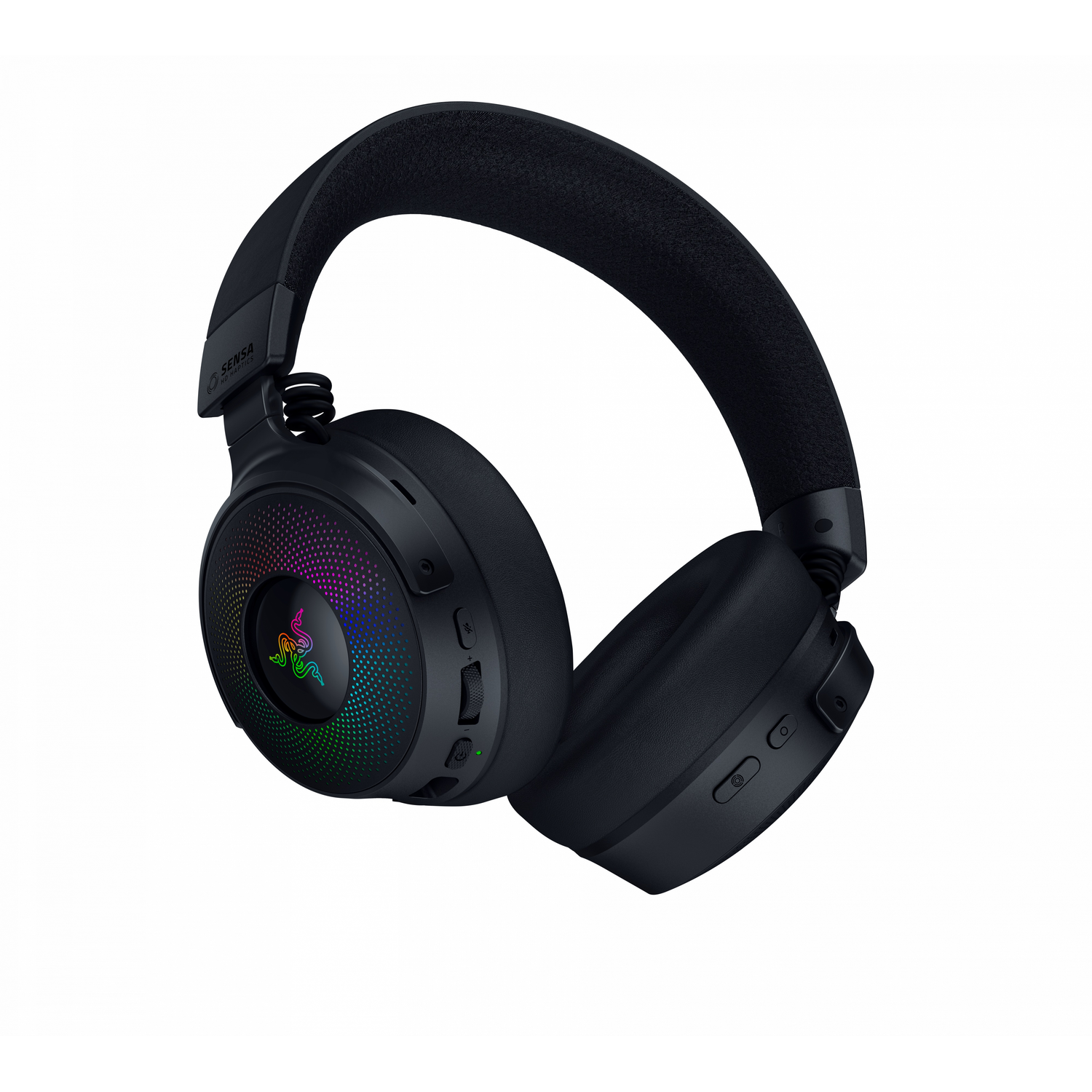 Zwarte Razer-hoofdtelefoon met een kleurrijk RGB-logo aan de zijkant. Ze hebben een gewatteerde hoofdband en oorschelpen.