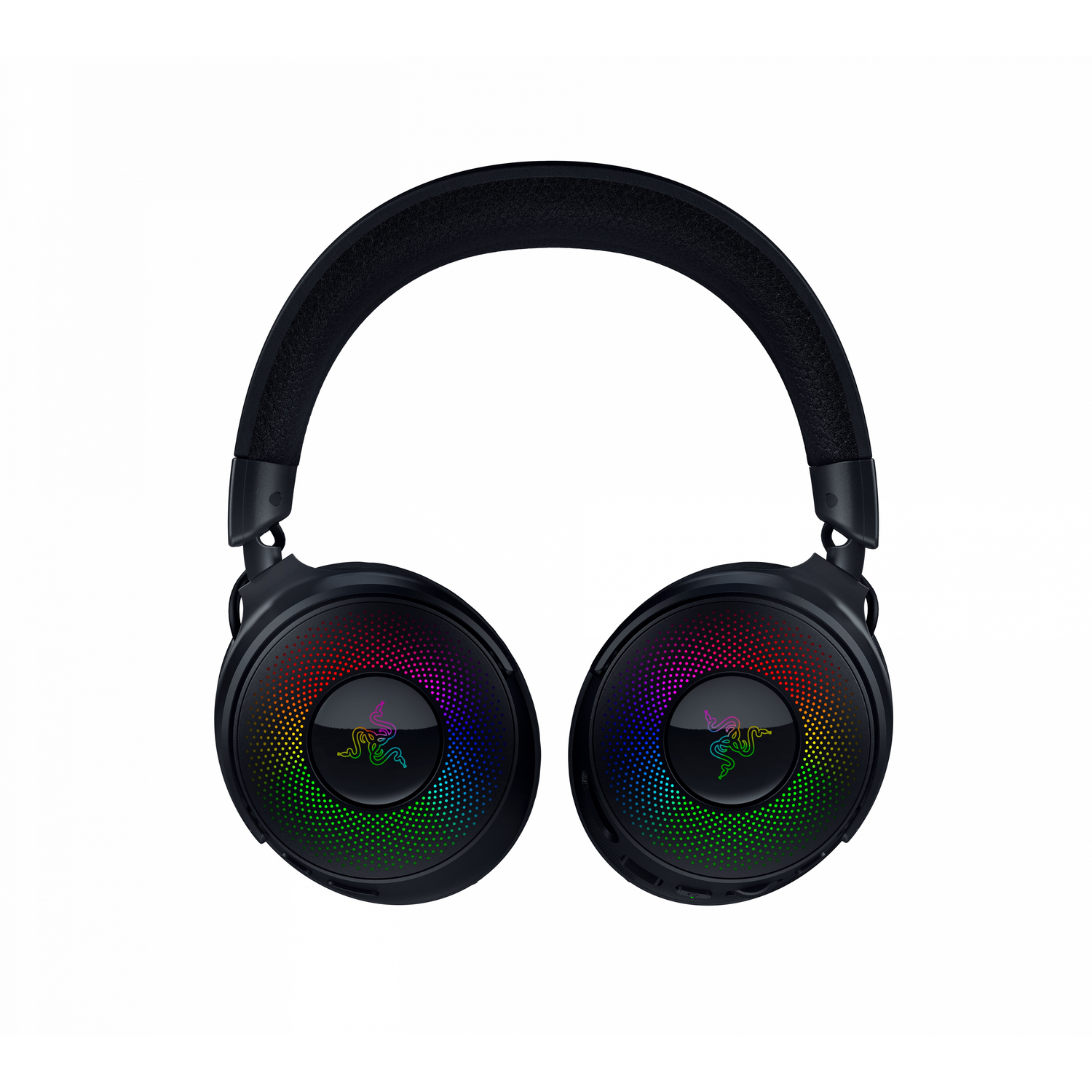 Zwarte Razer-koptelefoon met regenbooglichten op de oorschelpen. Witte achtergrond.
