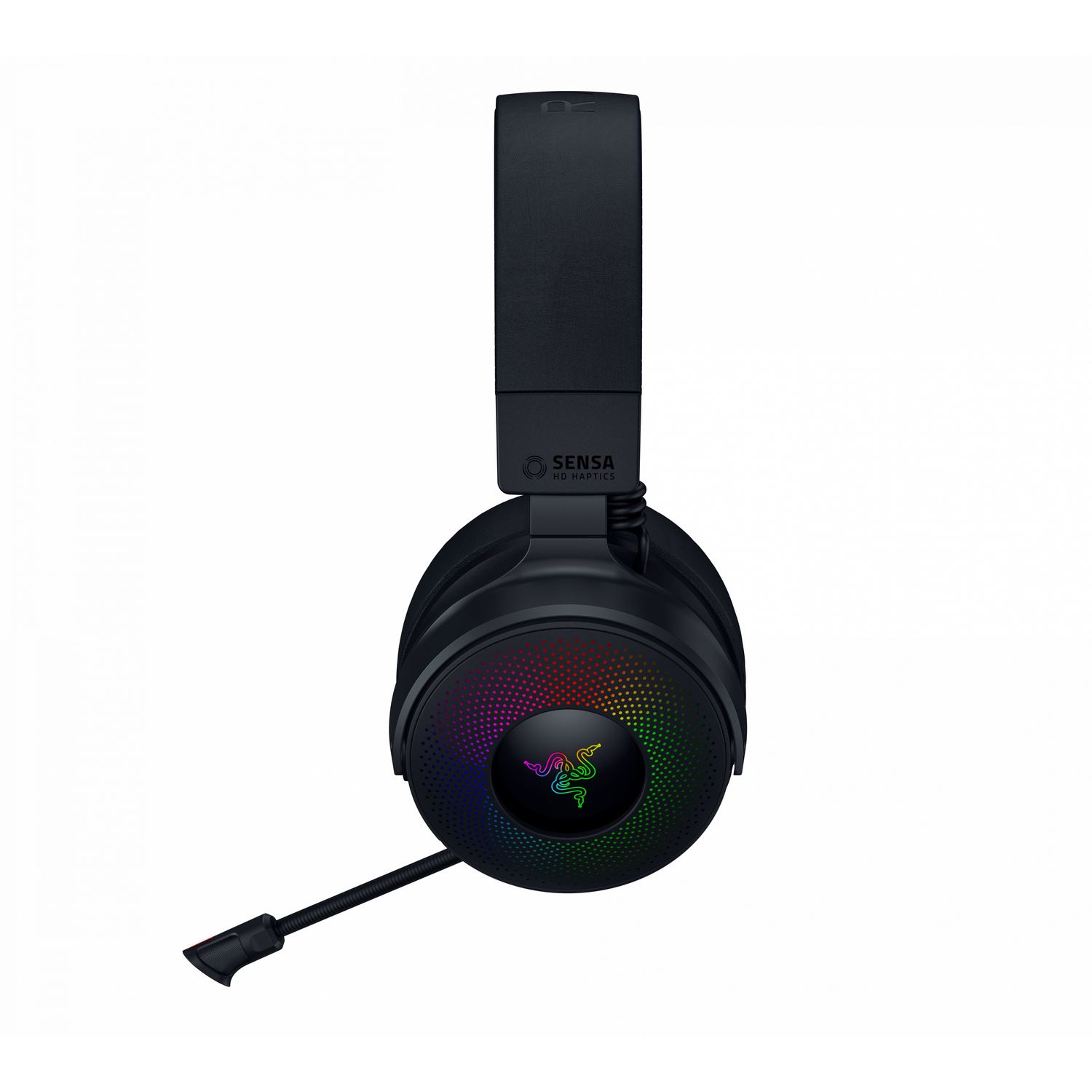 Zwarte Razer gaming headset met regenbooglichten op de oorschelp en een microfoon. Witte achtergrond.