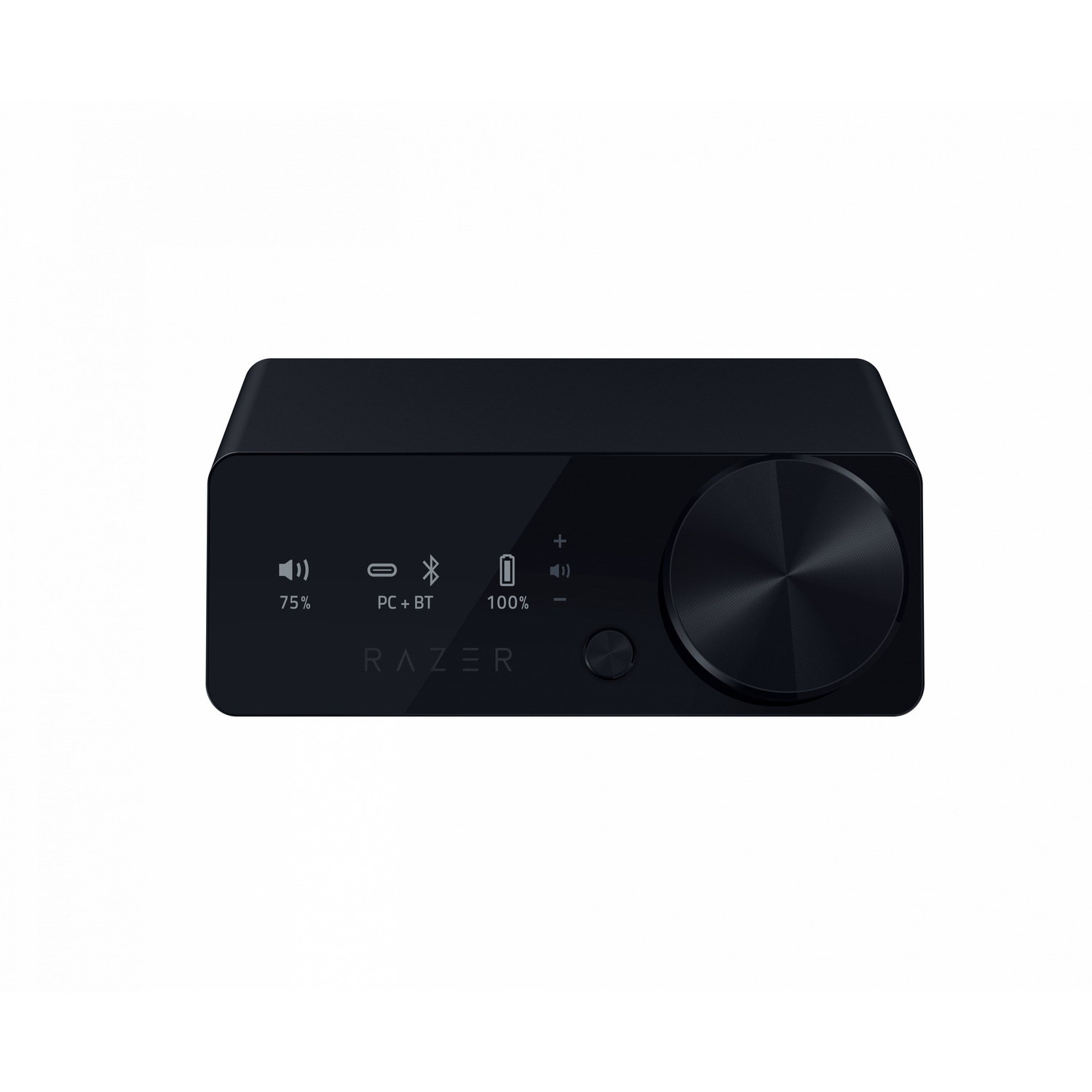 Een zwart audioapparaat met knoppen en een bedieningsknop.