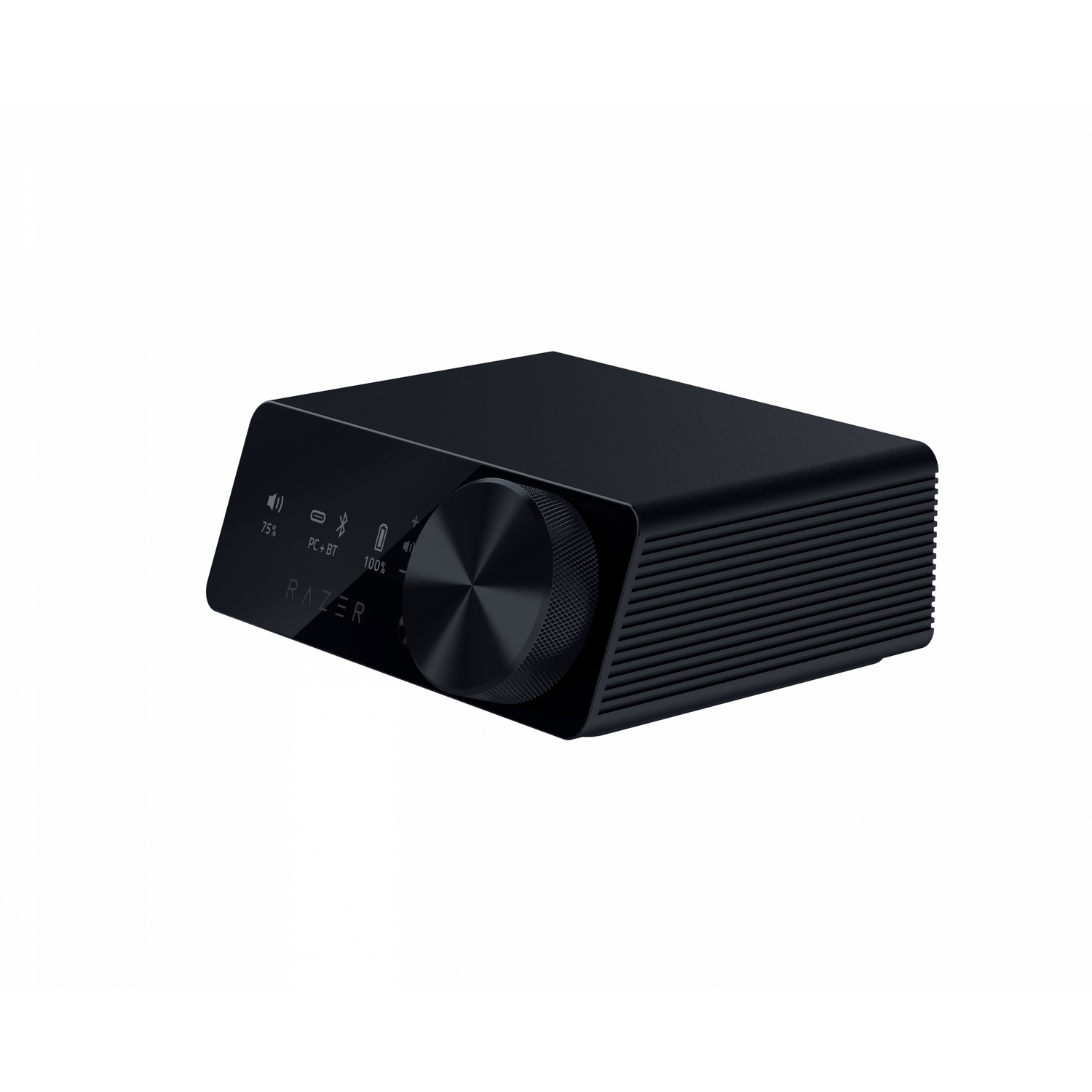 Zwart Razer audio-apparaat met een volumeknop en verschillende functie-indicatoren op het voorpaneel.