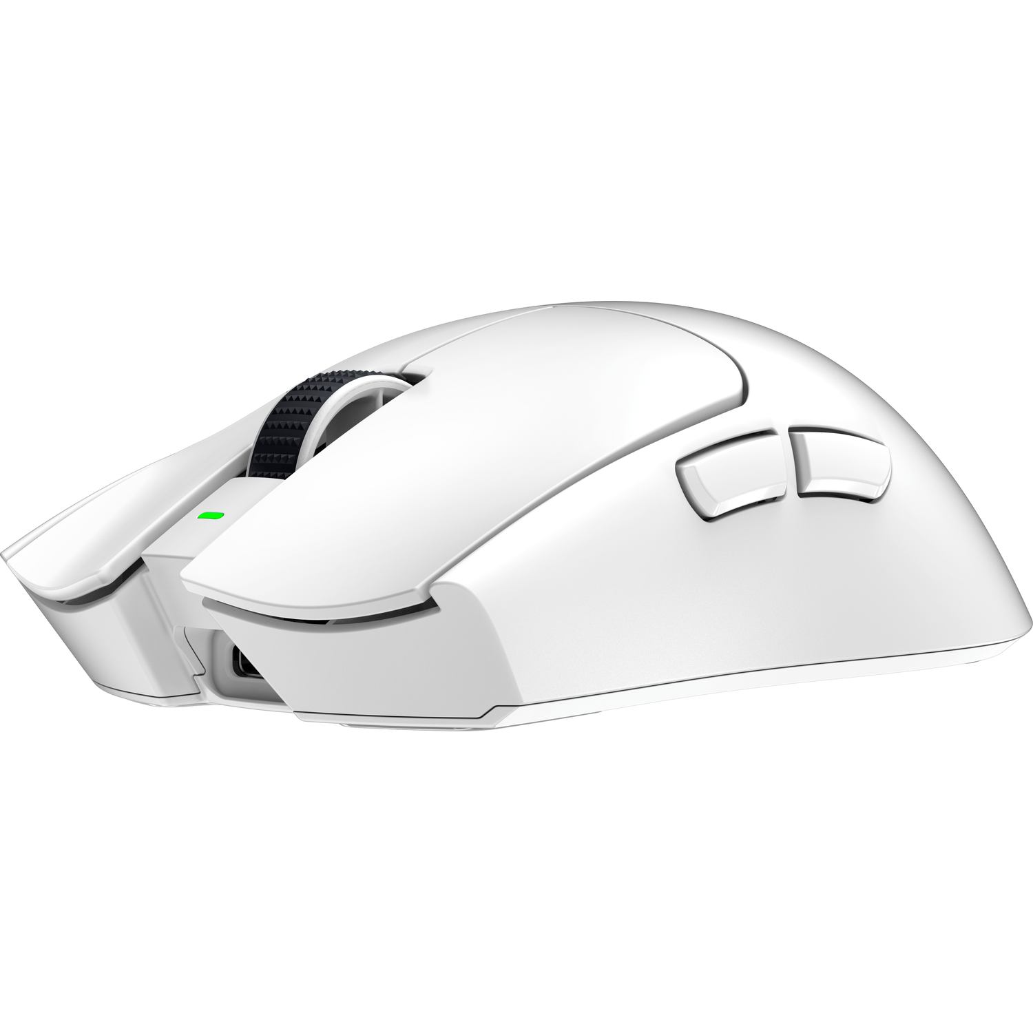 A white gaming mouse, side view. It has buttons and a scroll wheel.