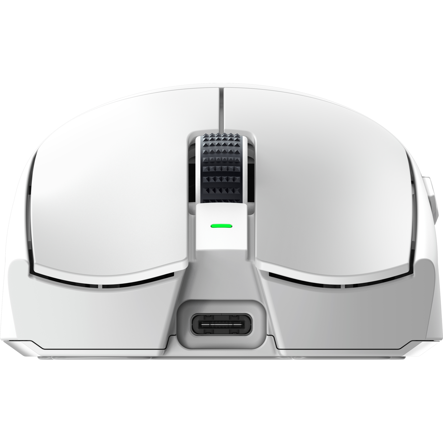 White gaming mouse, top view, with a charging port, a scroll wheel, and side buttons.