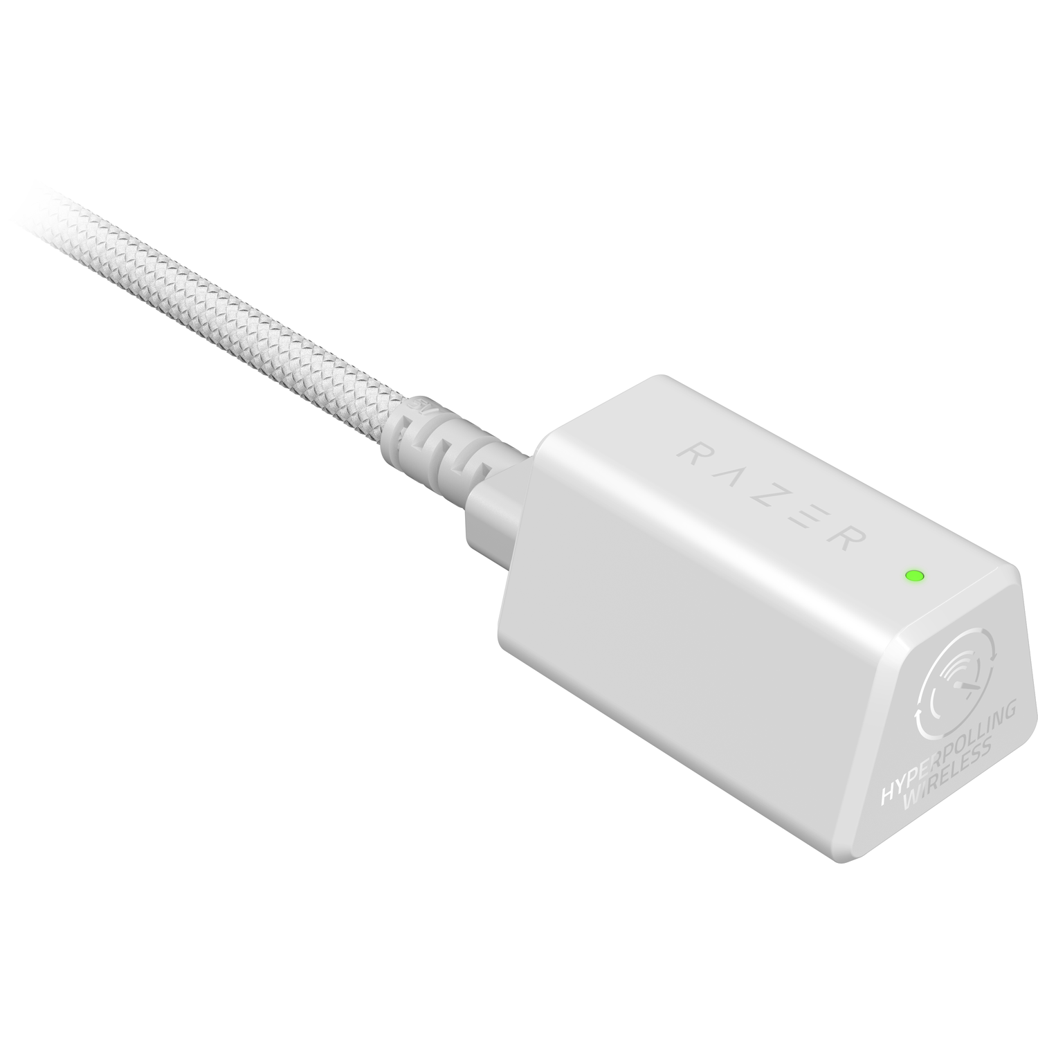 A white Razer Hyperpolling Wireless adapter with a USB-A connector, showing a green power indicator.