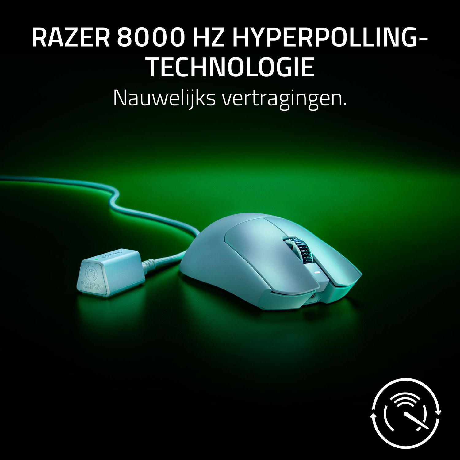 Light blue Razer mouse with a long, thin cable. Top: Razer 8000 Hz text. Background: dark green.